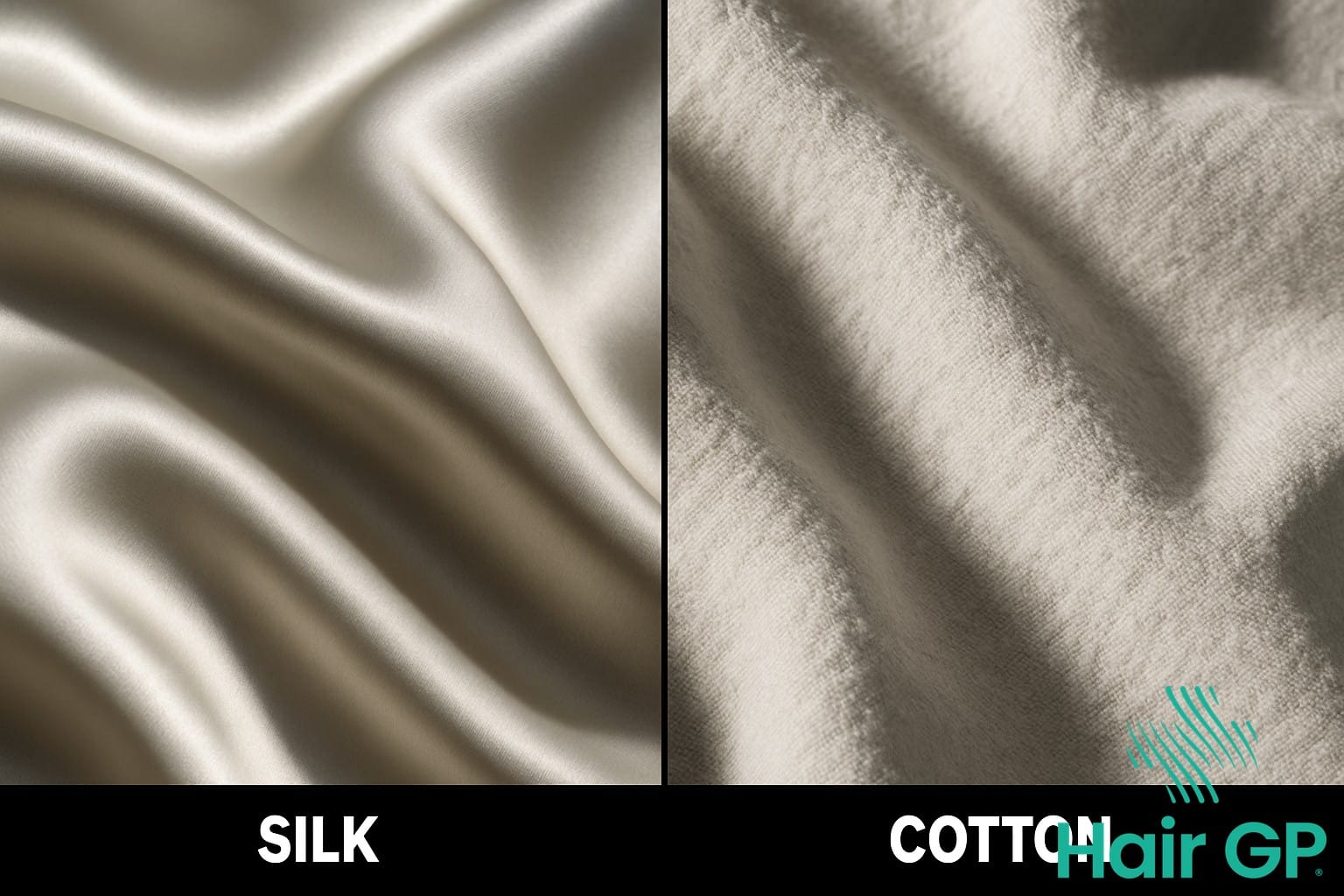 Close-up comparison of silk and cotton fabric textures showing smooth silk versus rough cotton fibers