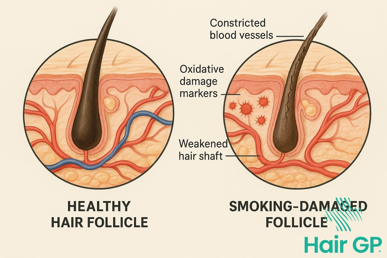 Microscopic view of smoking damage to hair follicles and blood vessels