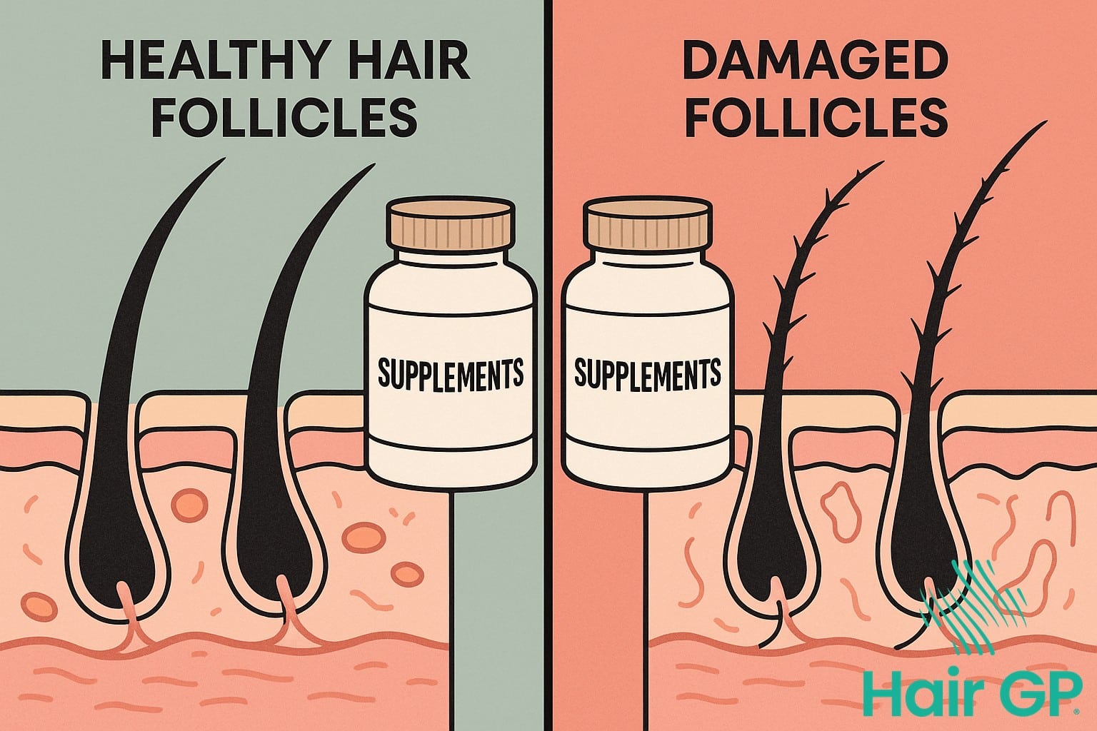 Infographic showing how supplements can cause hair loss when misused