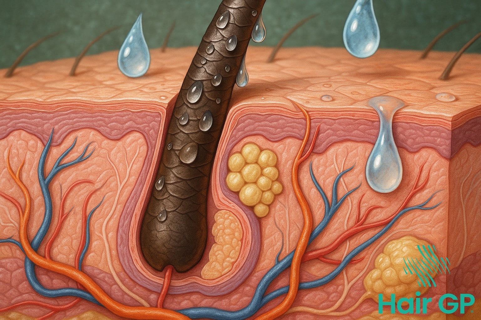 Microscopic view of sweat effects on hair follicles and scalp