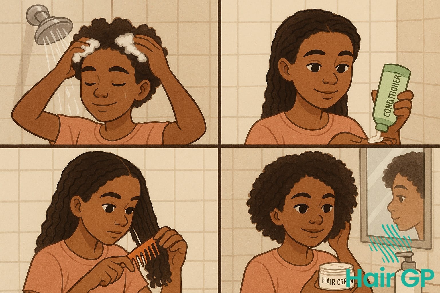 Teen demonstrating healthy daily hair care routine steps with age appropriate products