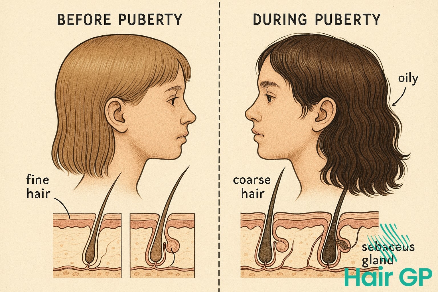 Teen hair development changes during puberty showing hormonal effects on hair growth and texture