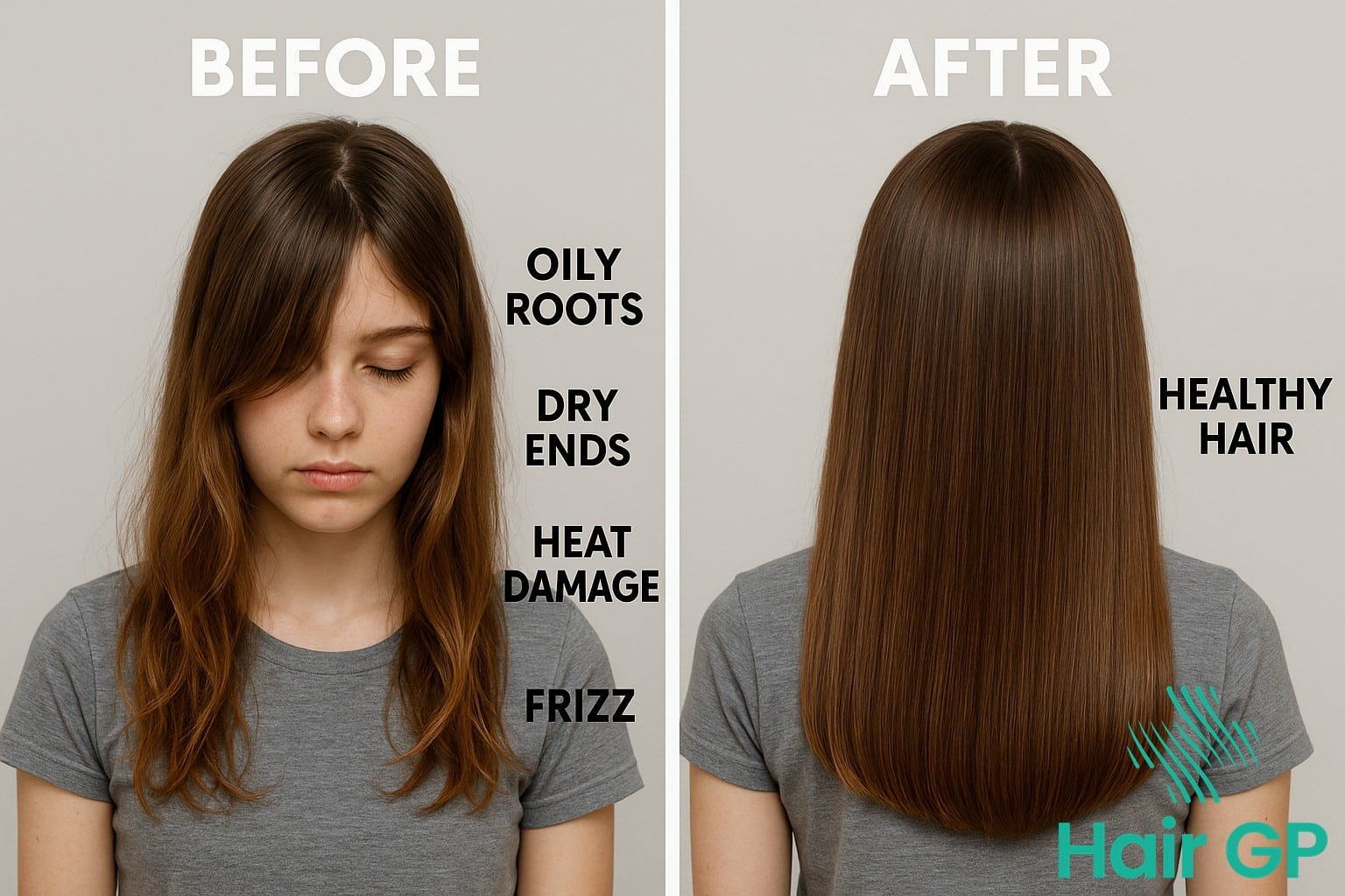Common teen hair problems and solutions showing oily scalp, damage hair, and frizz treatments