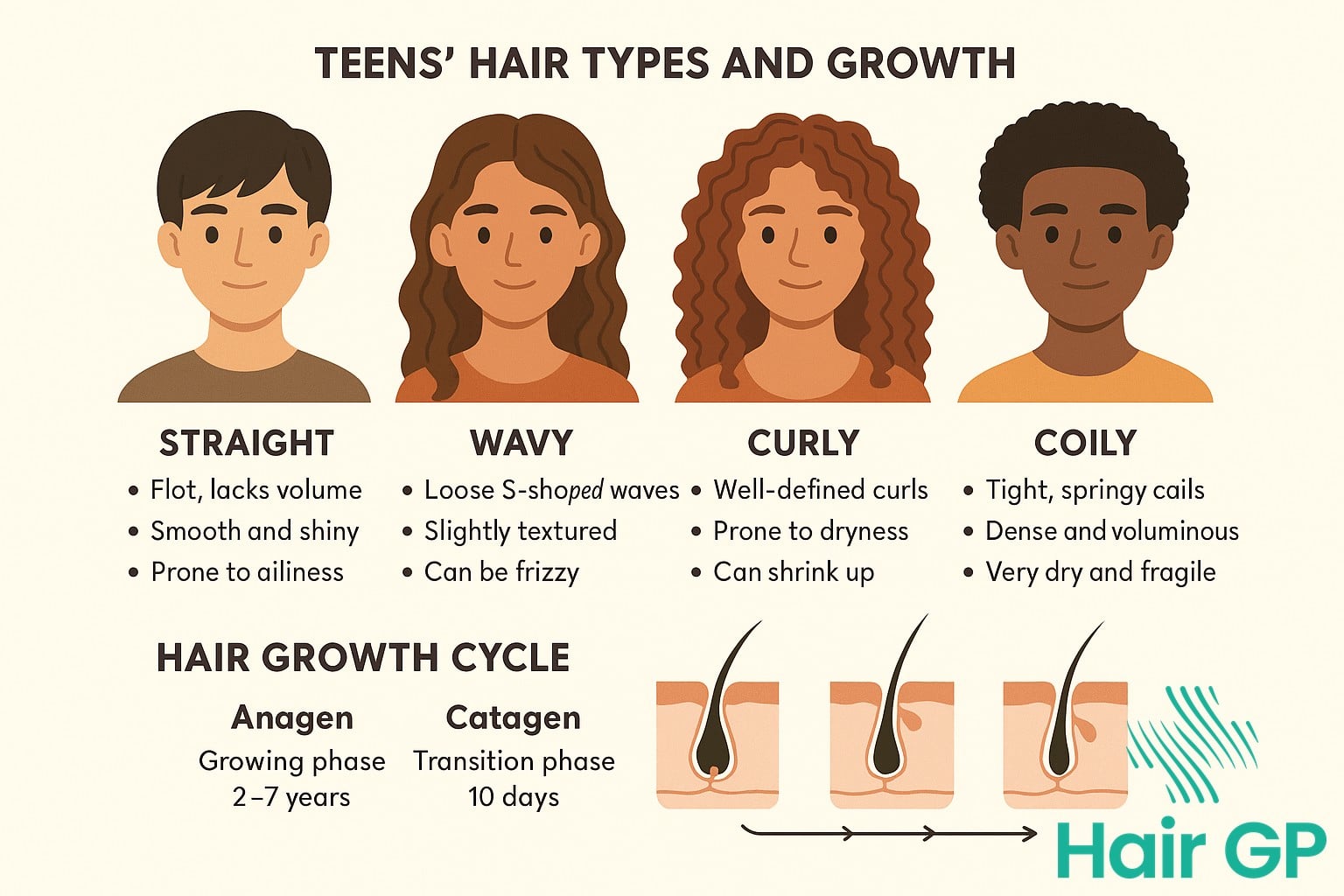 Hair type identification guide and growth cycle diagram for teens learning healthy hair care
