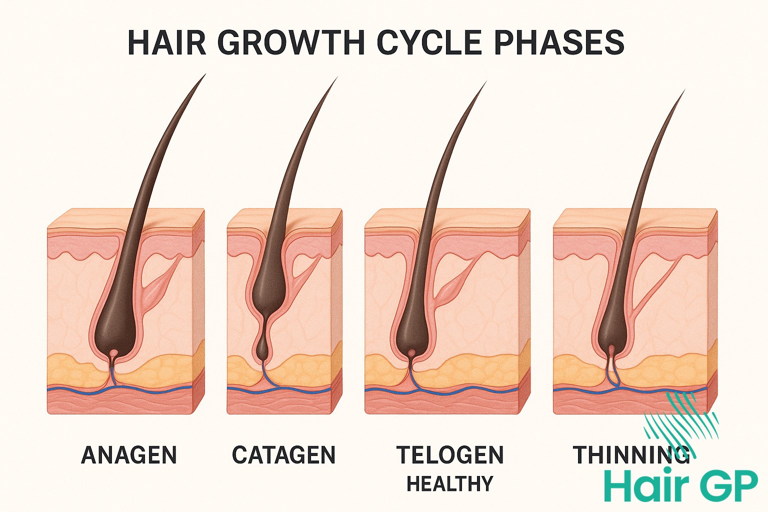 Hair growth cycle showing telogen effluvium and iron deficiency effects