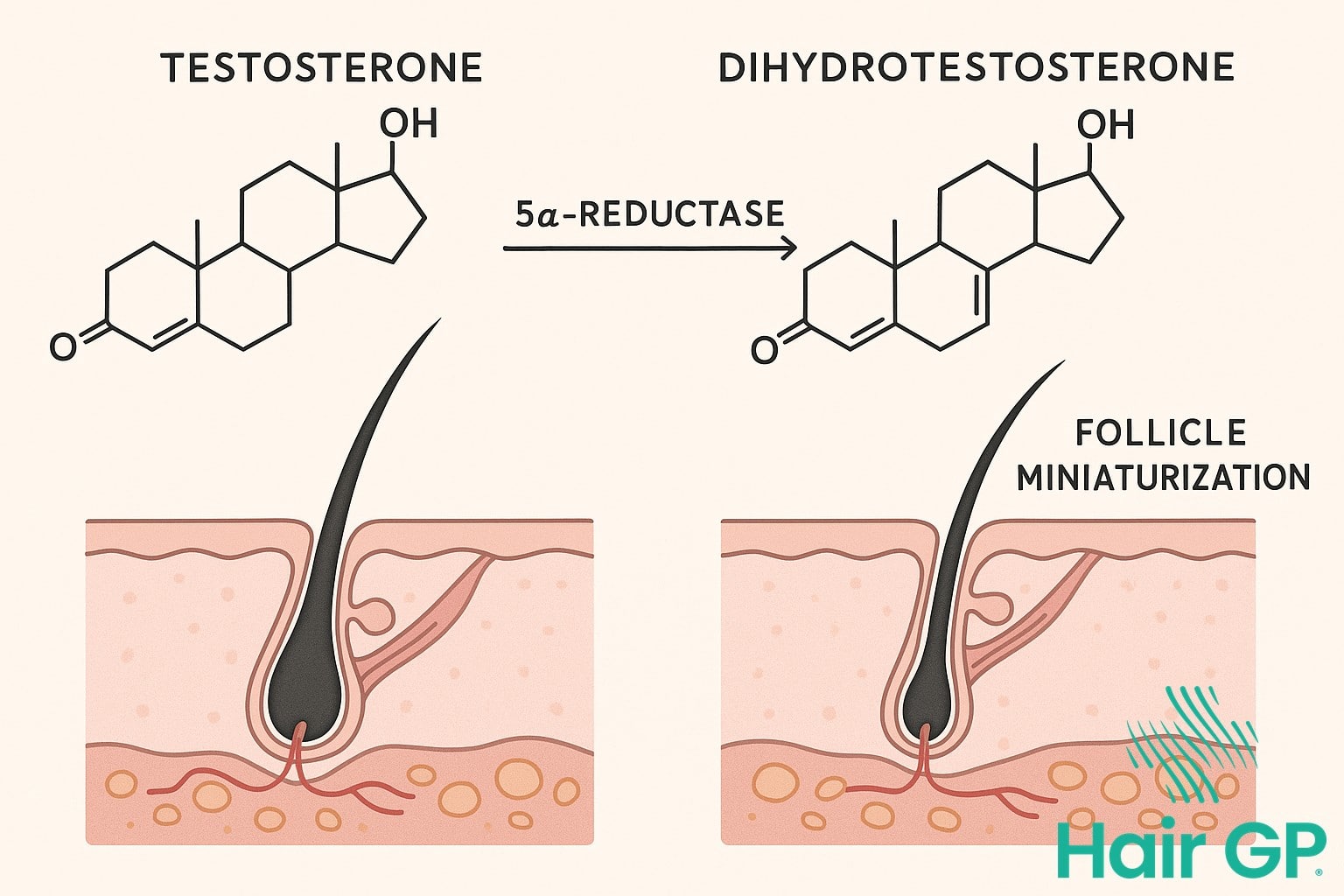 Testosterone to DHT conversion affecting hair follicles and male pattern baldness