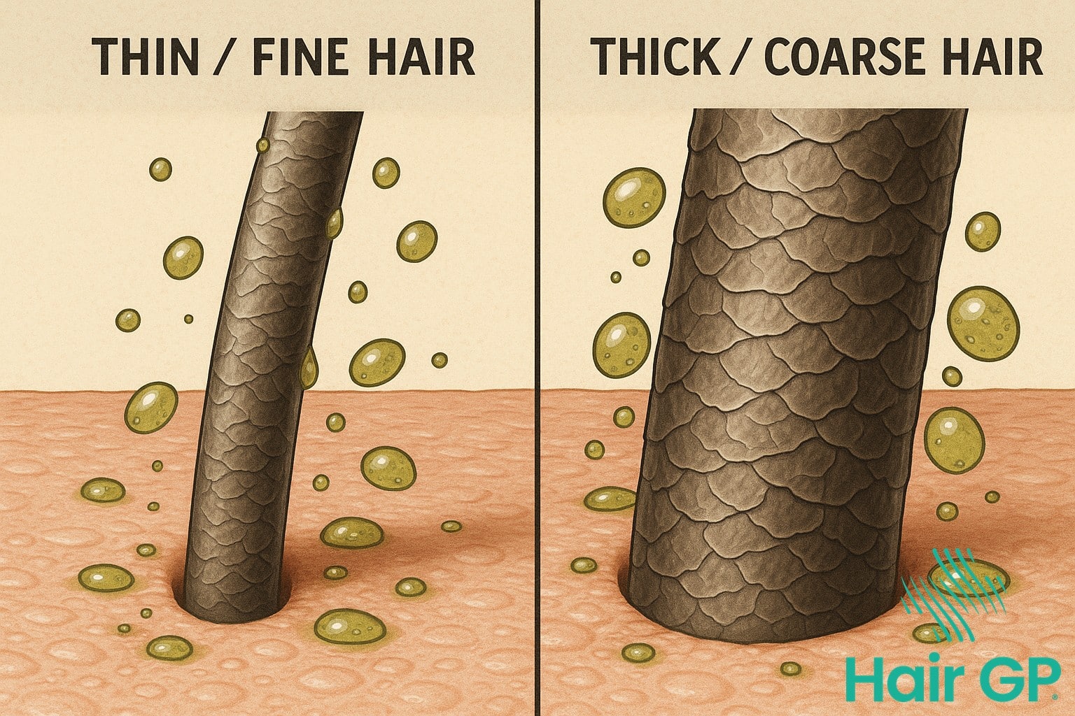 Microscopic comparison of thin and thick hair strands showing diameter differences