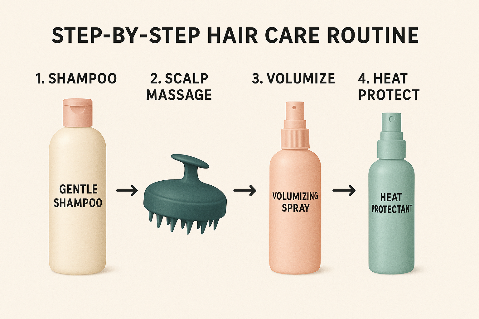 Hair care products and tools for thinning hair including gentle shampoo and heat protectant
