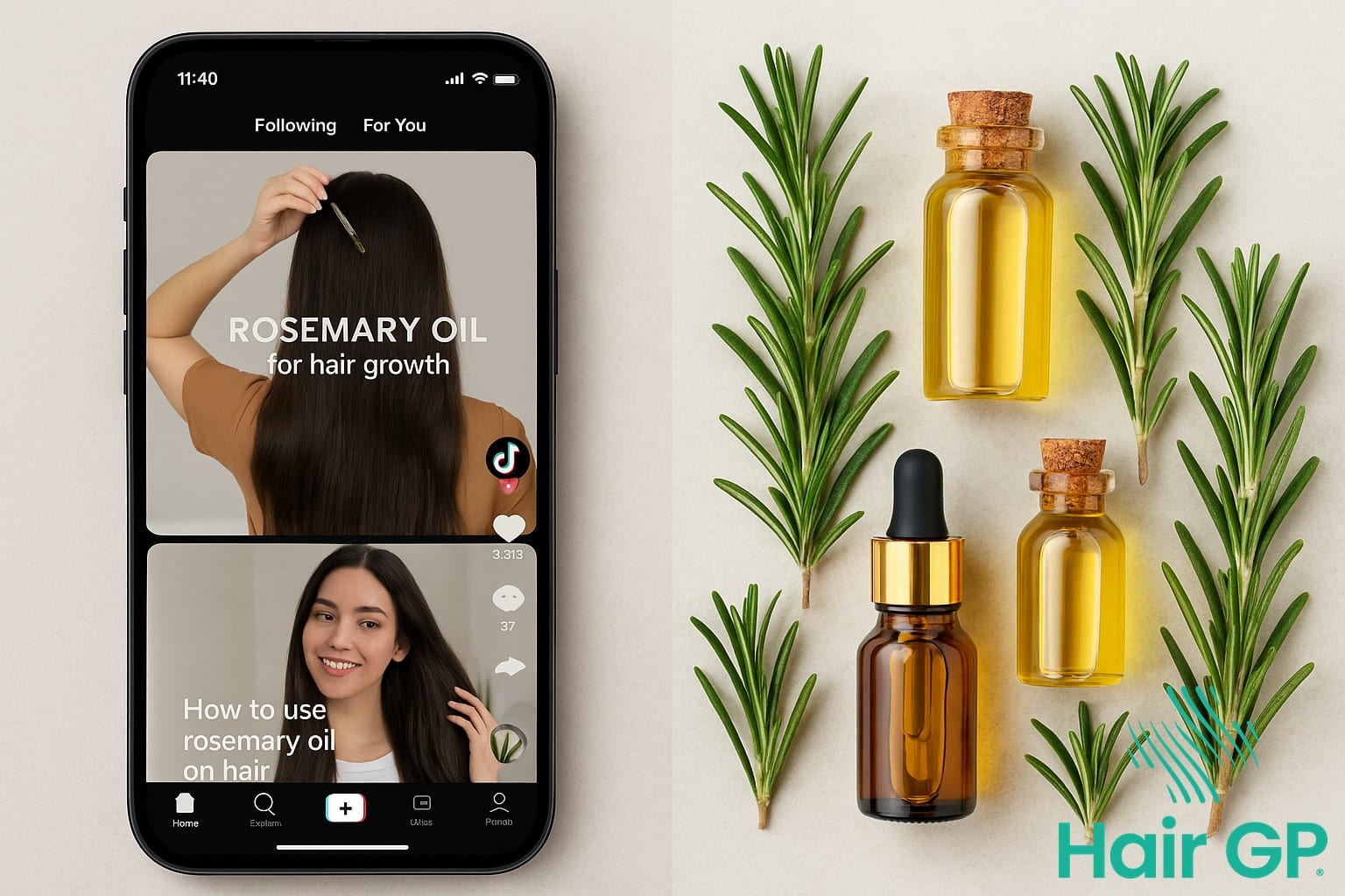 TikTok rosemary oil hair growth trend videos on smartphone screen