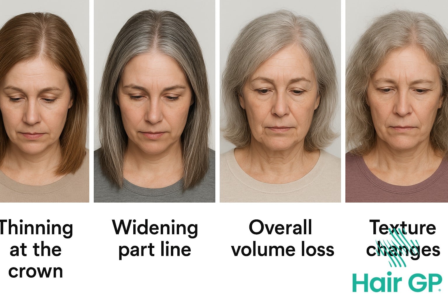 Comparison showing different types of hair changes during menopause including thinning and texture changes