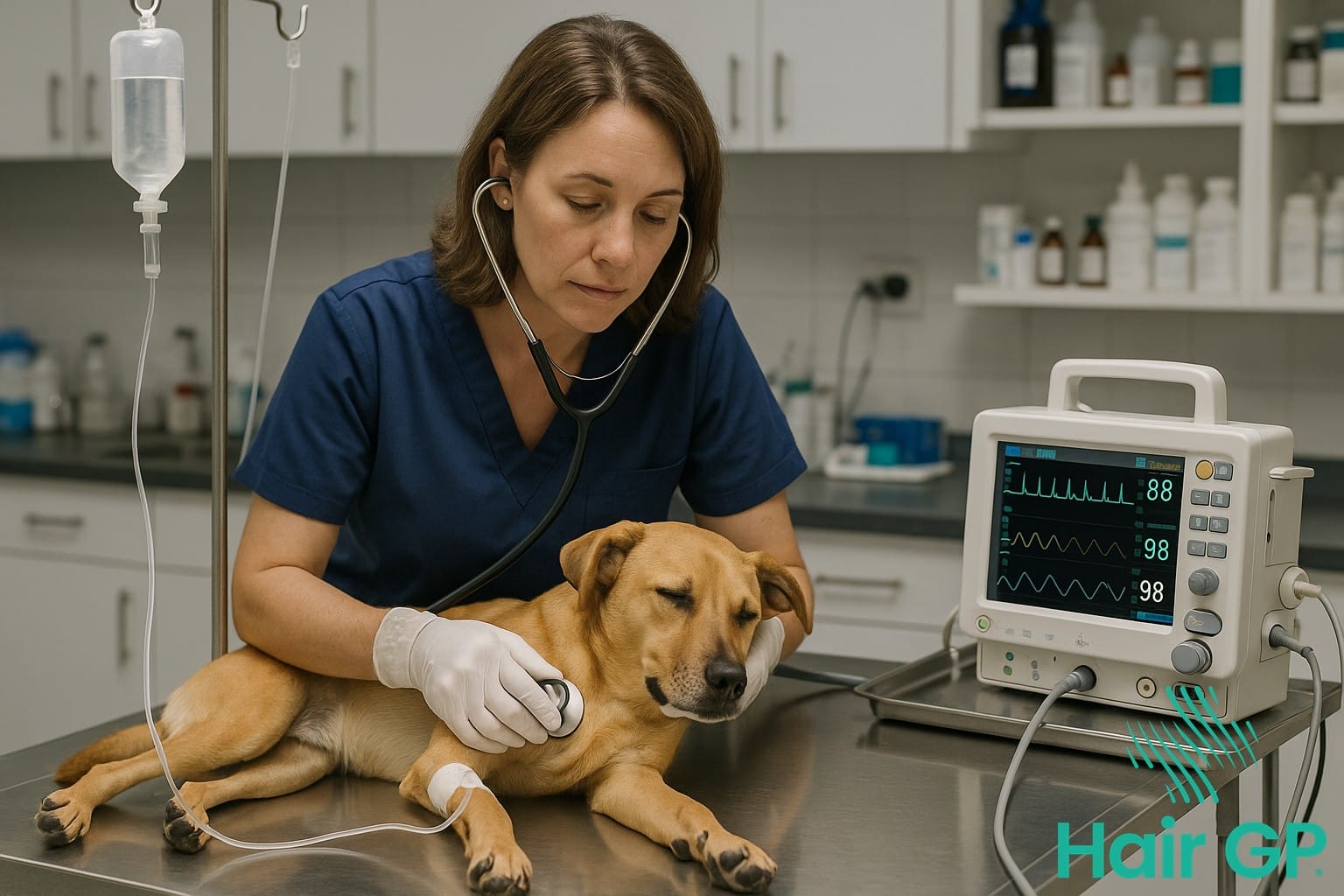 Veterinarian treating pet for minoxidil poisoning with medical equipment