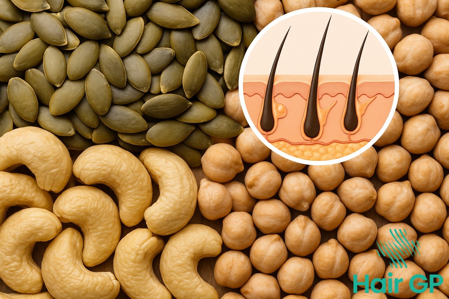 Zinc-rich plant foods including seeds and nuts for preventing hair thinning