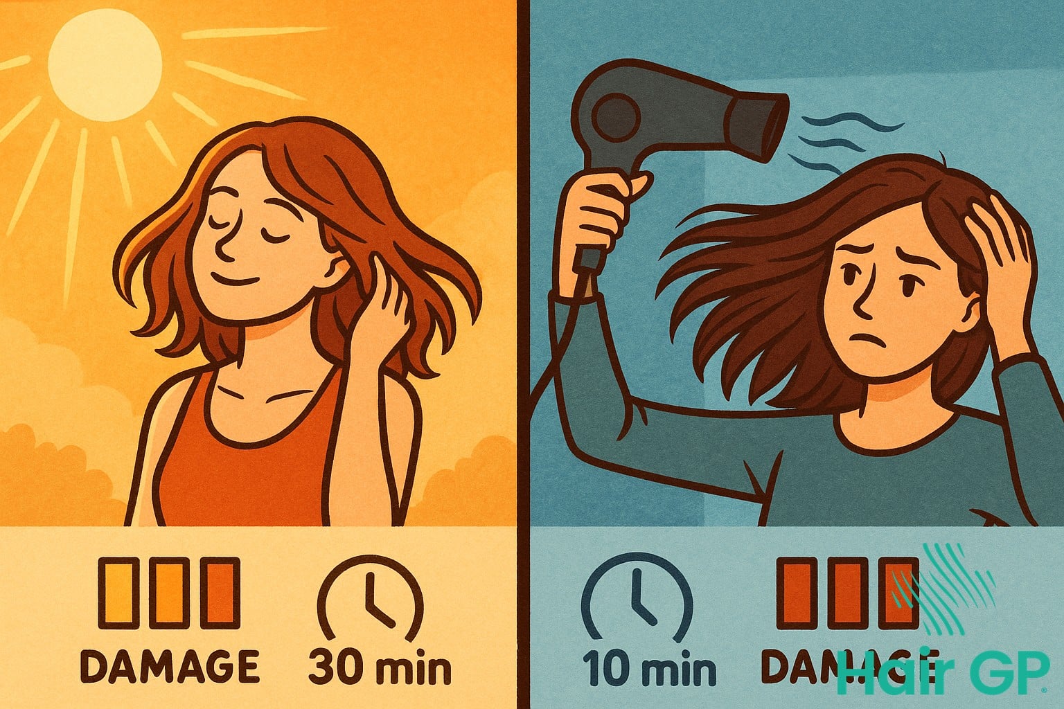 Illustration comparing sun air drying damage to indoor blow drying showing UV exposure risks