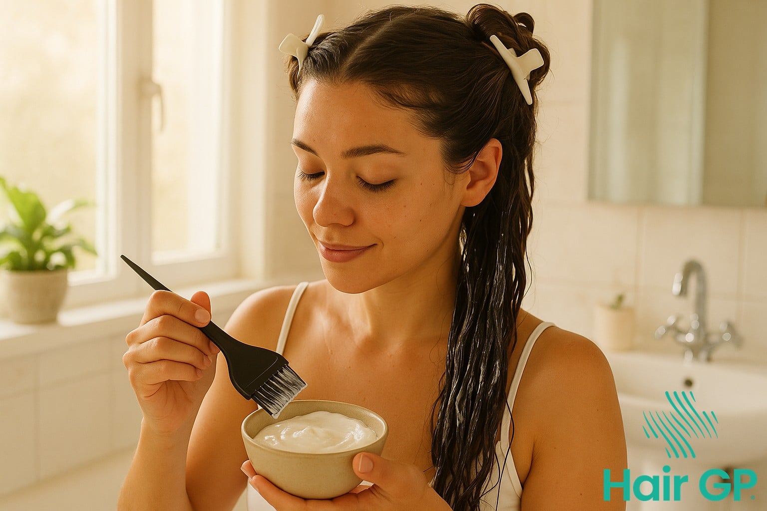 Woman applying deep conditioning hair mask treatment for heat damaged hair