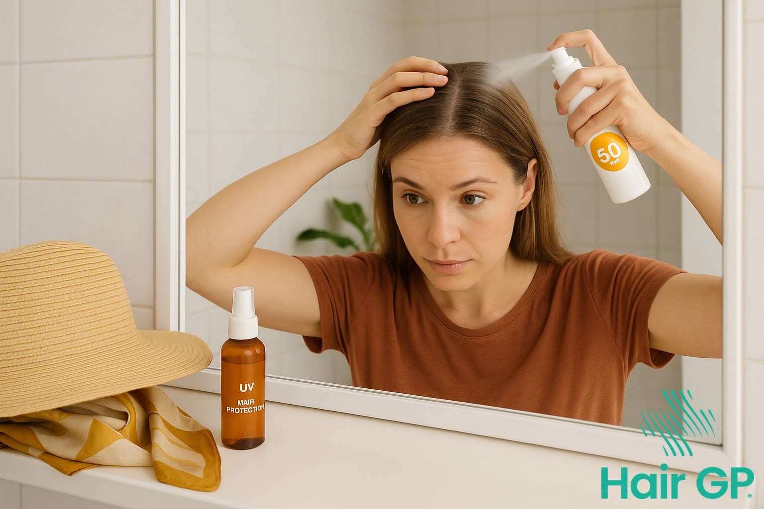 Woman applying SPF spray sunscreen to scalp parting line for sun protection