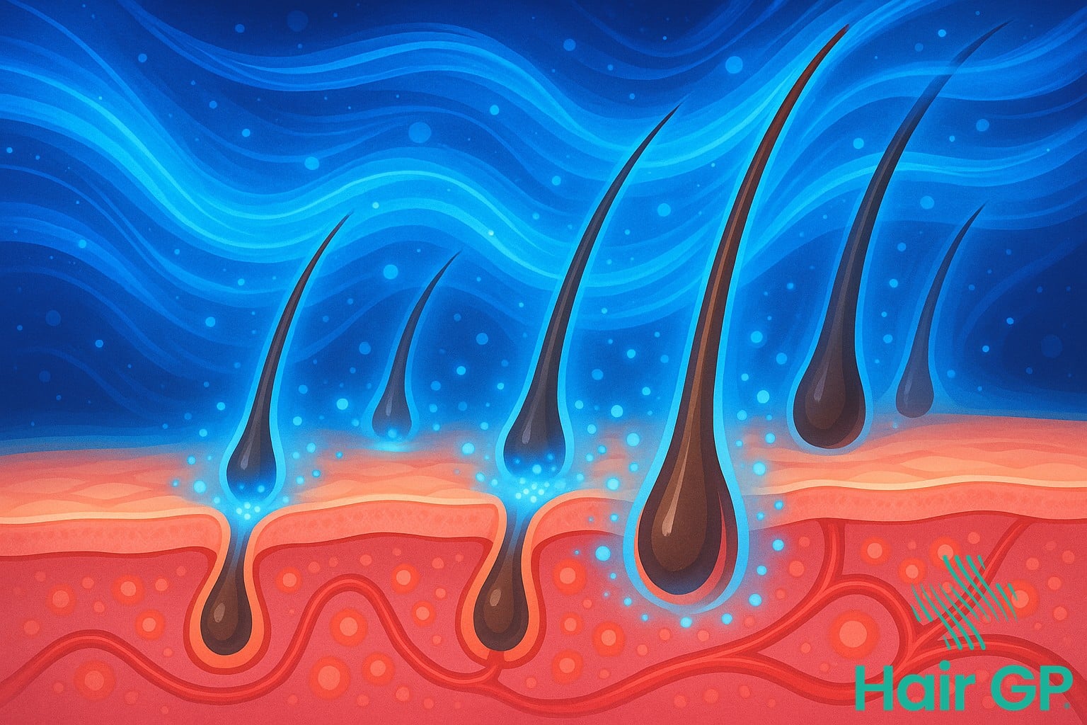 Illustration of blue light stimulating hair follicles for growth