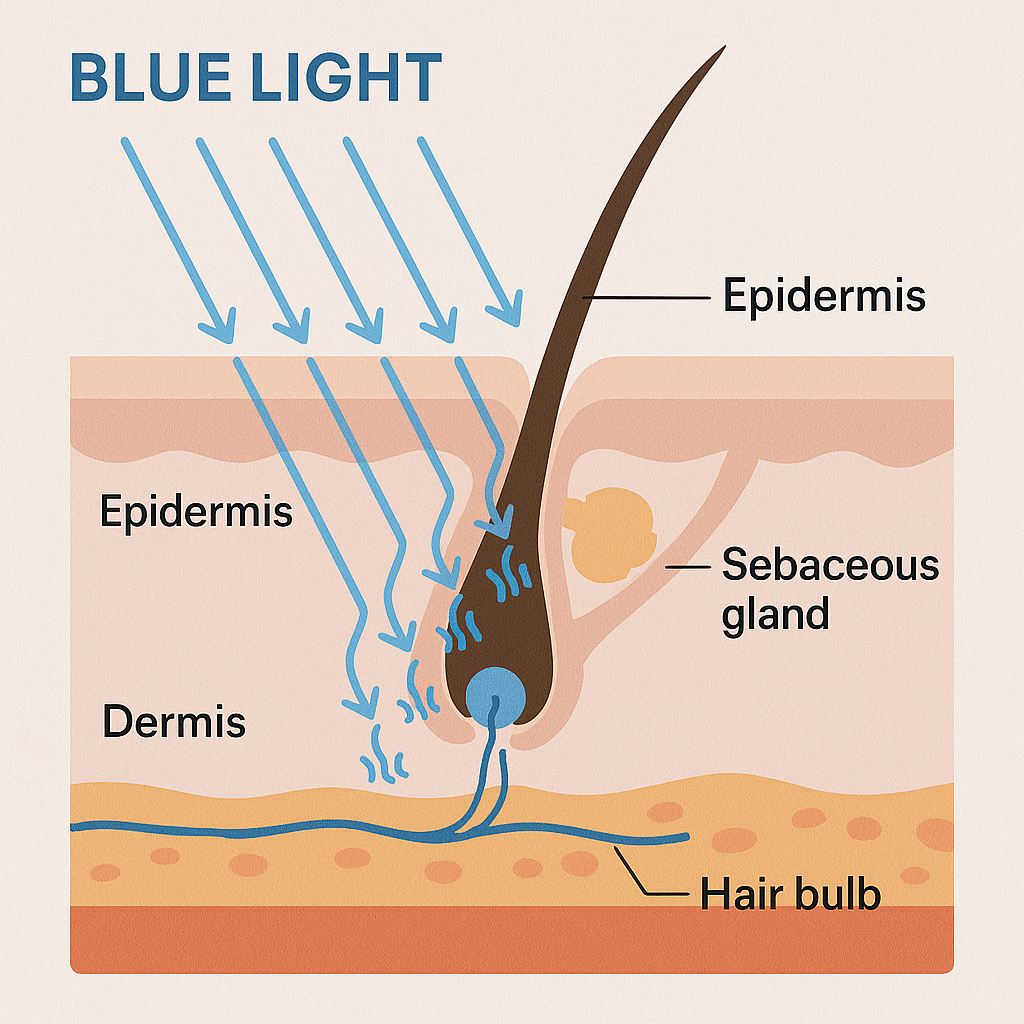 Diagram showing how blue light penetrates scalp layers and interacts with hair follicles