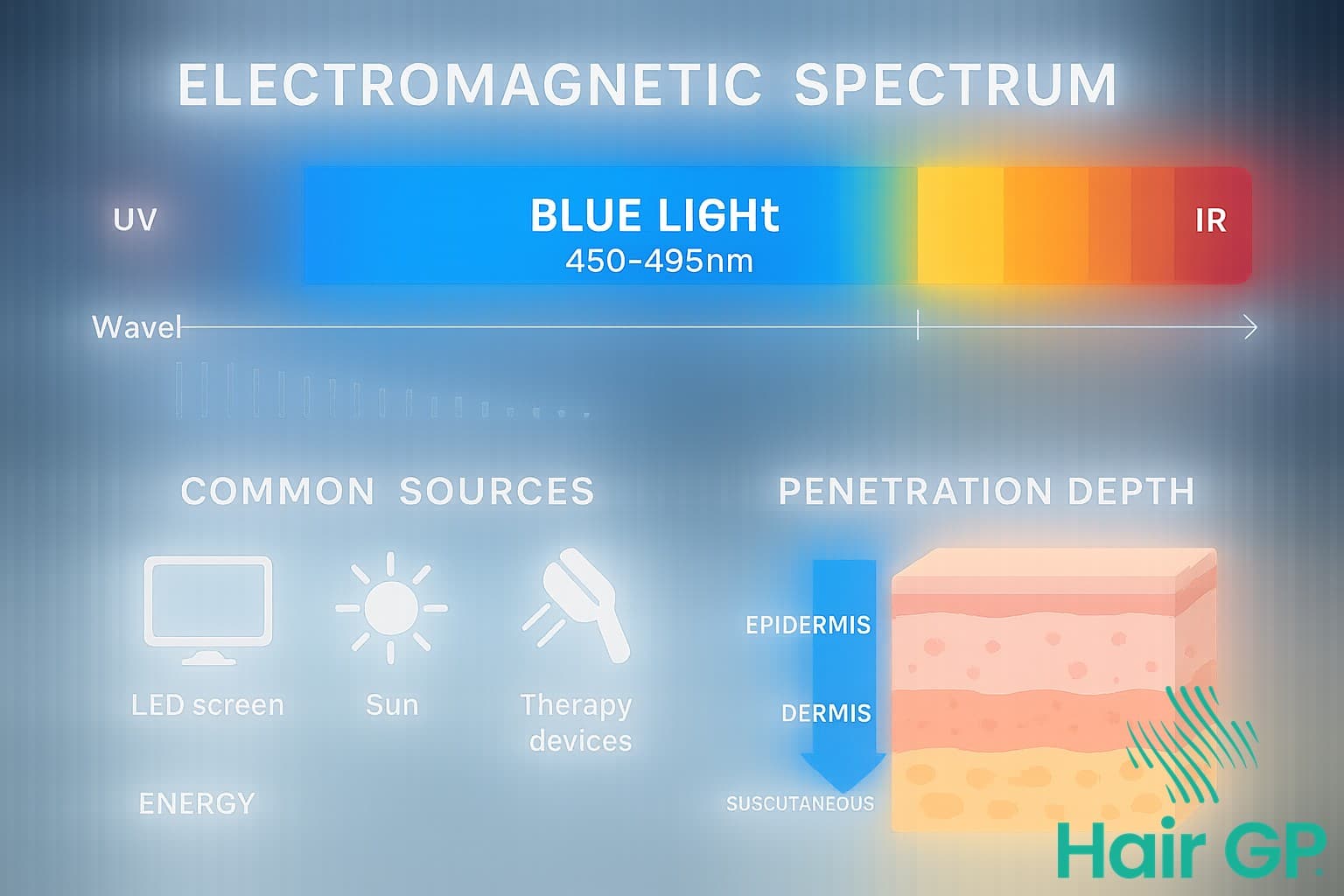 Infographic showing blue light wavelengths in the visible light spectrum and energy levels