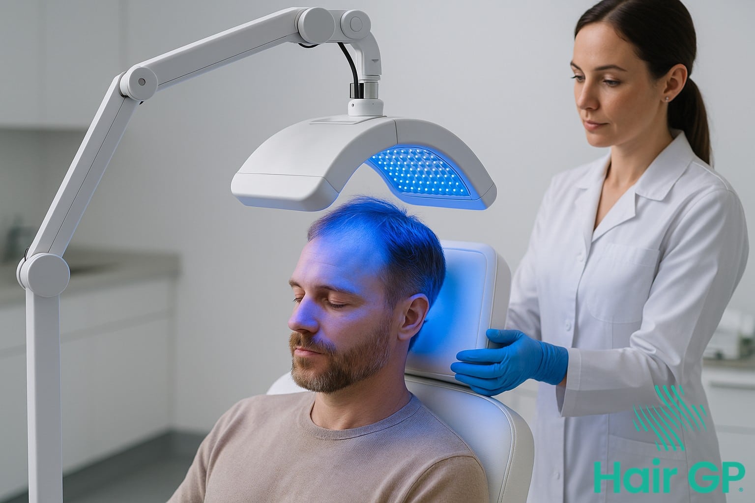 Patient receiving professional blue light therapy treatment for scalp condition