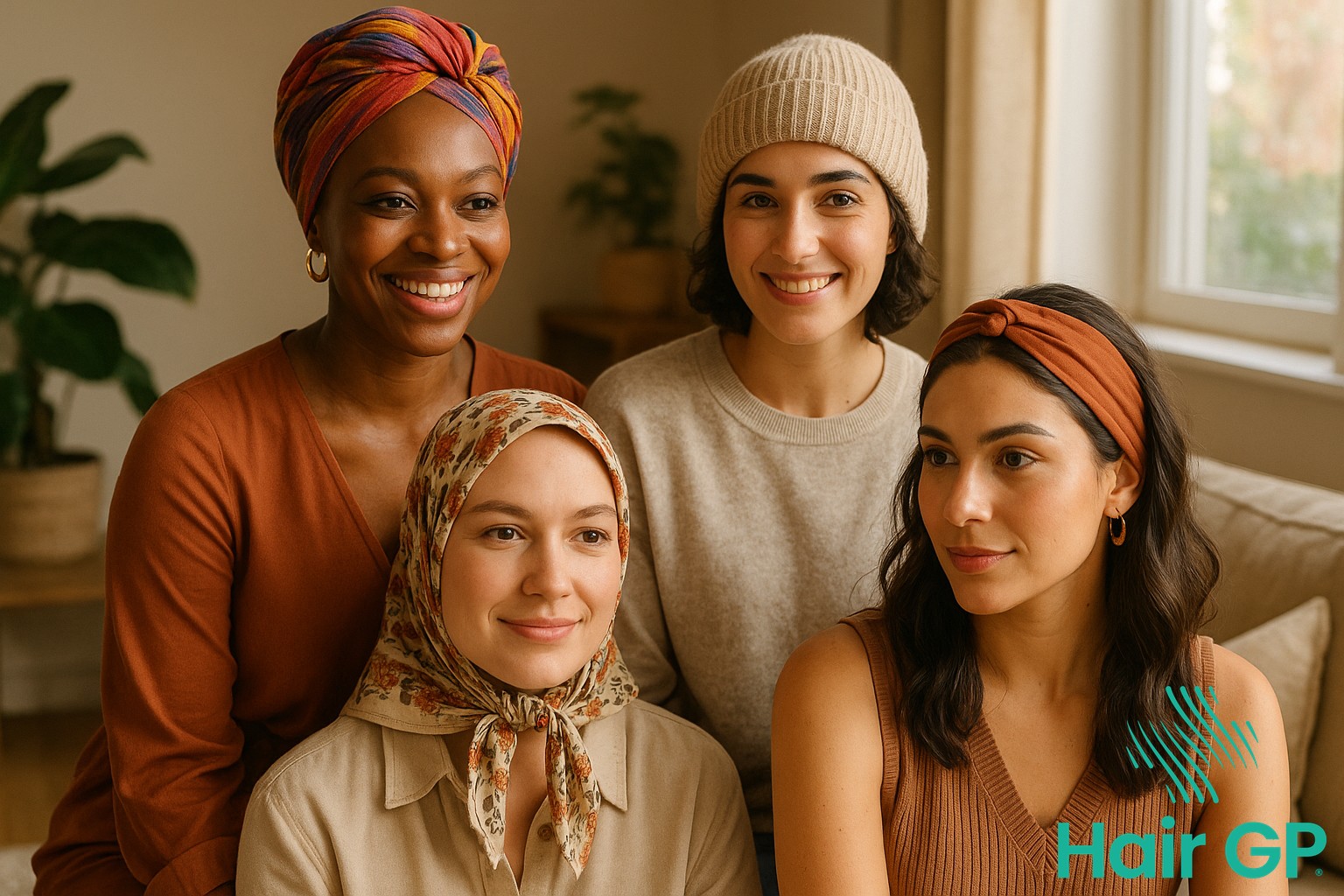 Women wearing various headwear options including turbans, scarves, and soft hats during chemotherapy