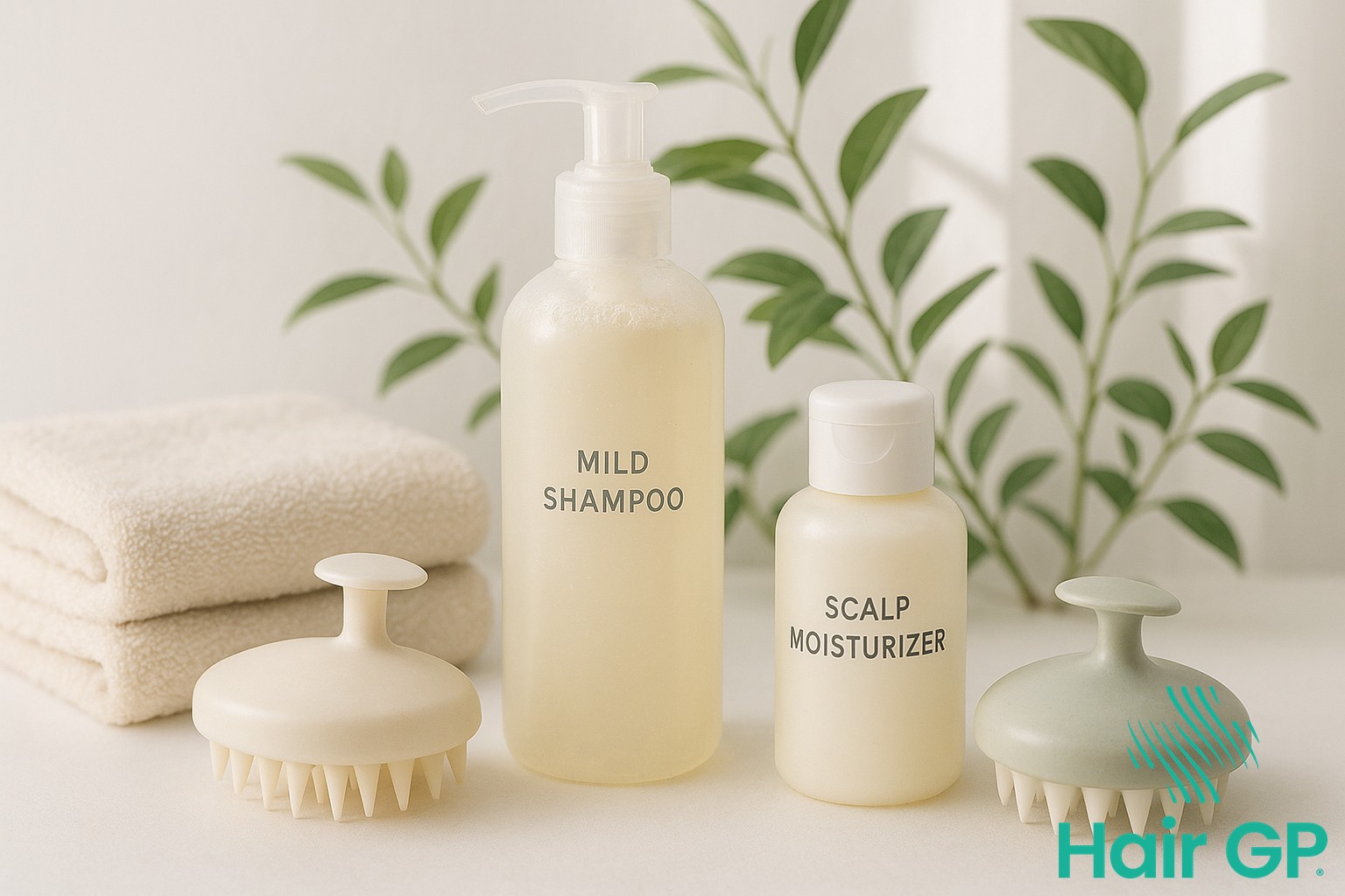 Gentle scalp care products for chemotherapy patients including mild shampoo and moisturizers