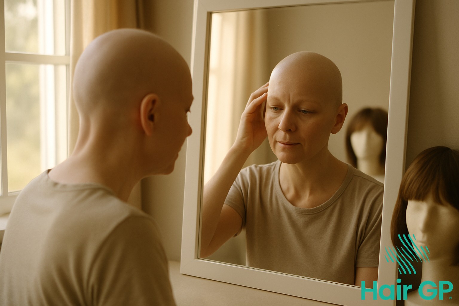 Chemotherapy patient examining hair loss in mirror with wig options nearby