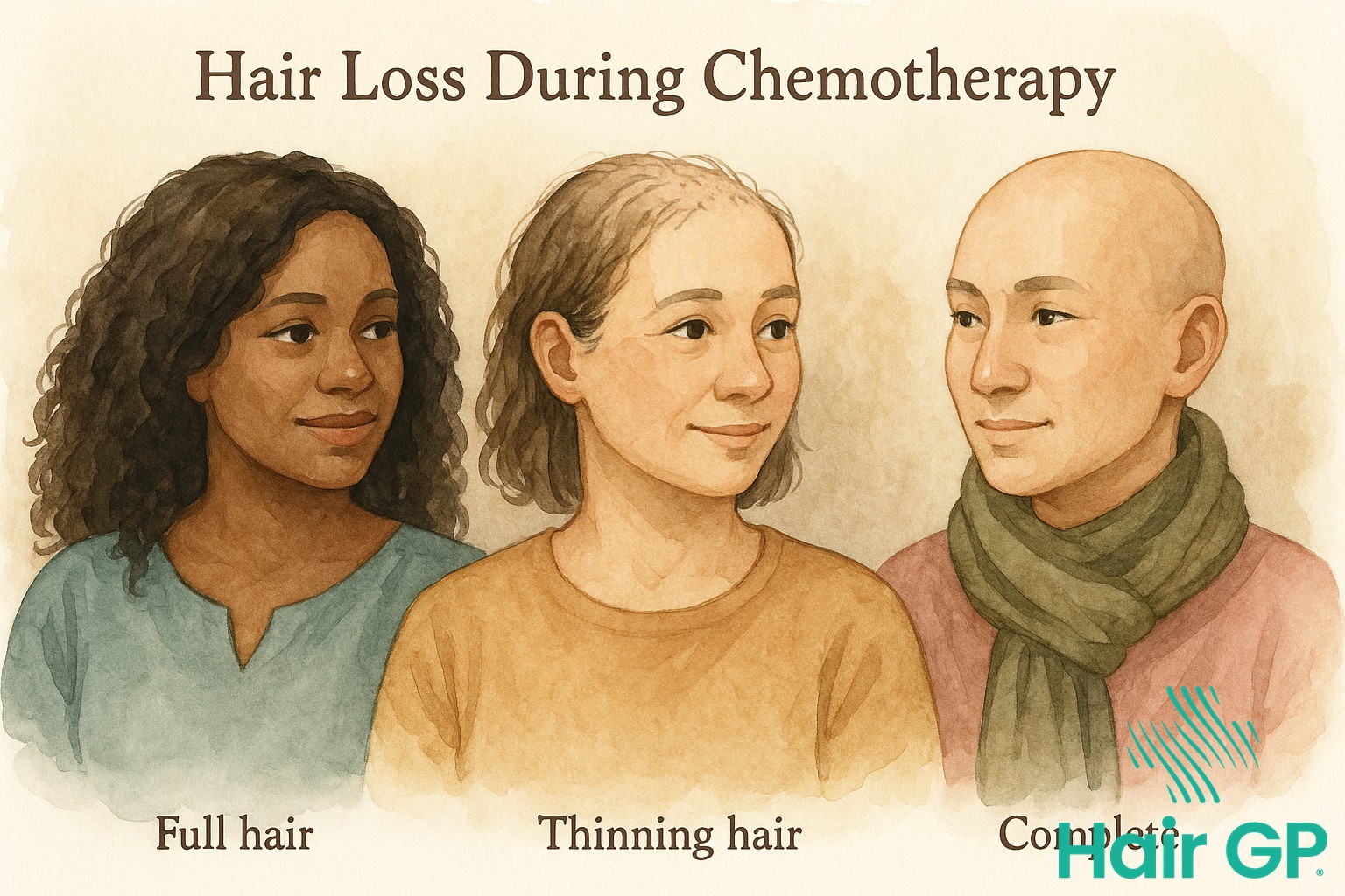Illustration showing stages of hair loss during chemotherapy treatment