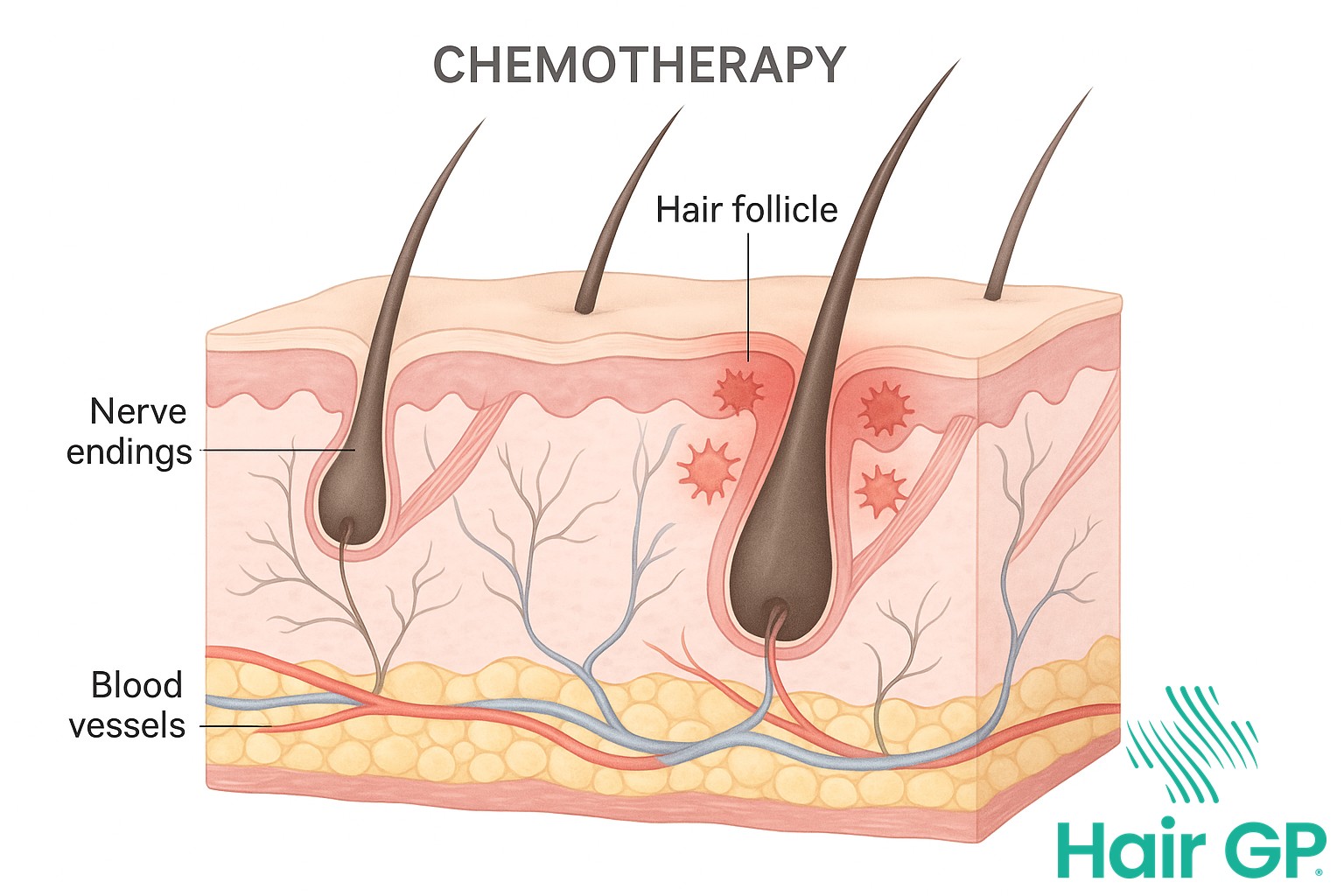 Medical illustration of scalp anatomy showing chemotherapy effects on hair follicles