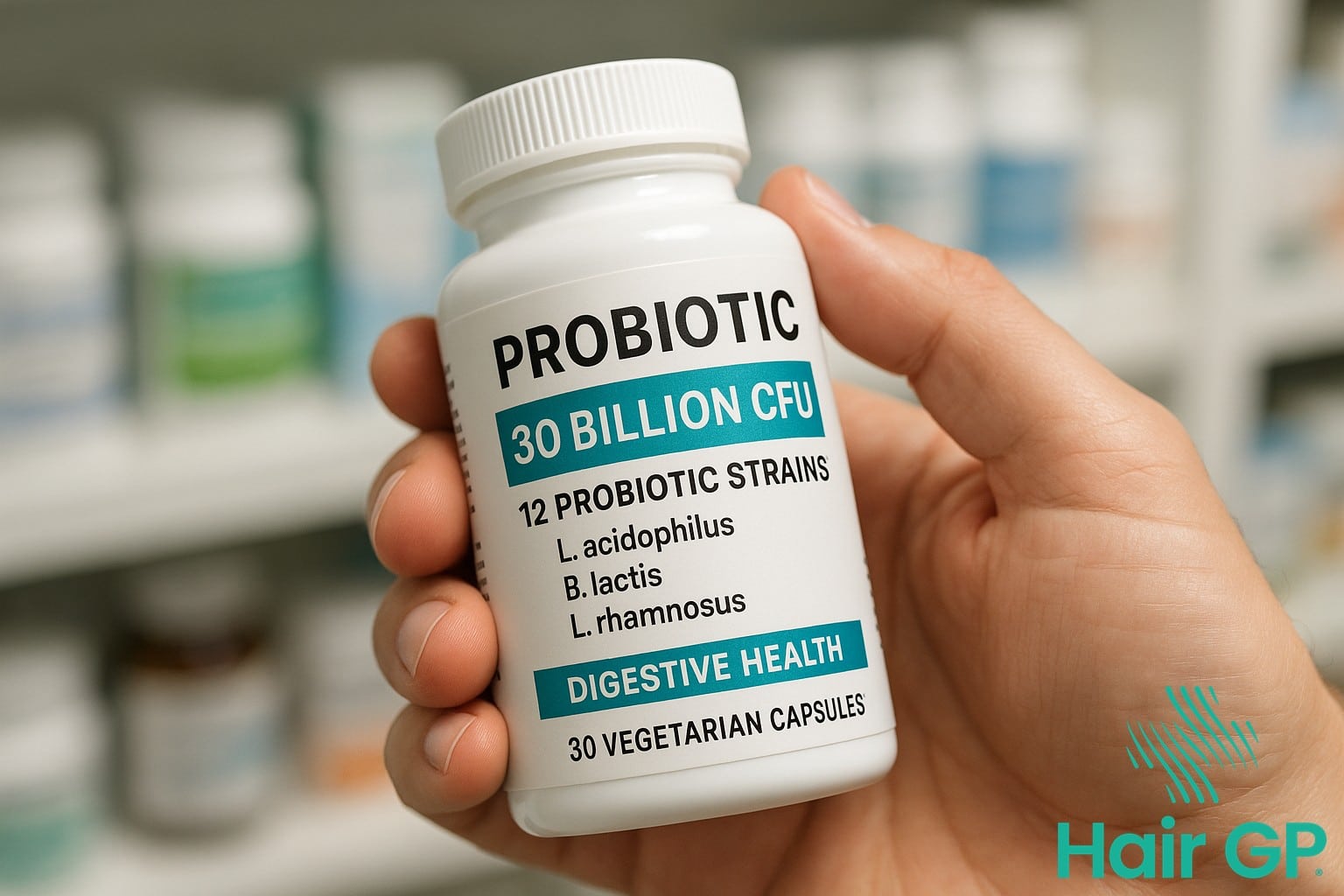 Person examining probiotic supplement label for quality indicators
