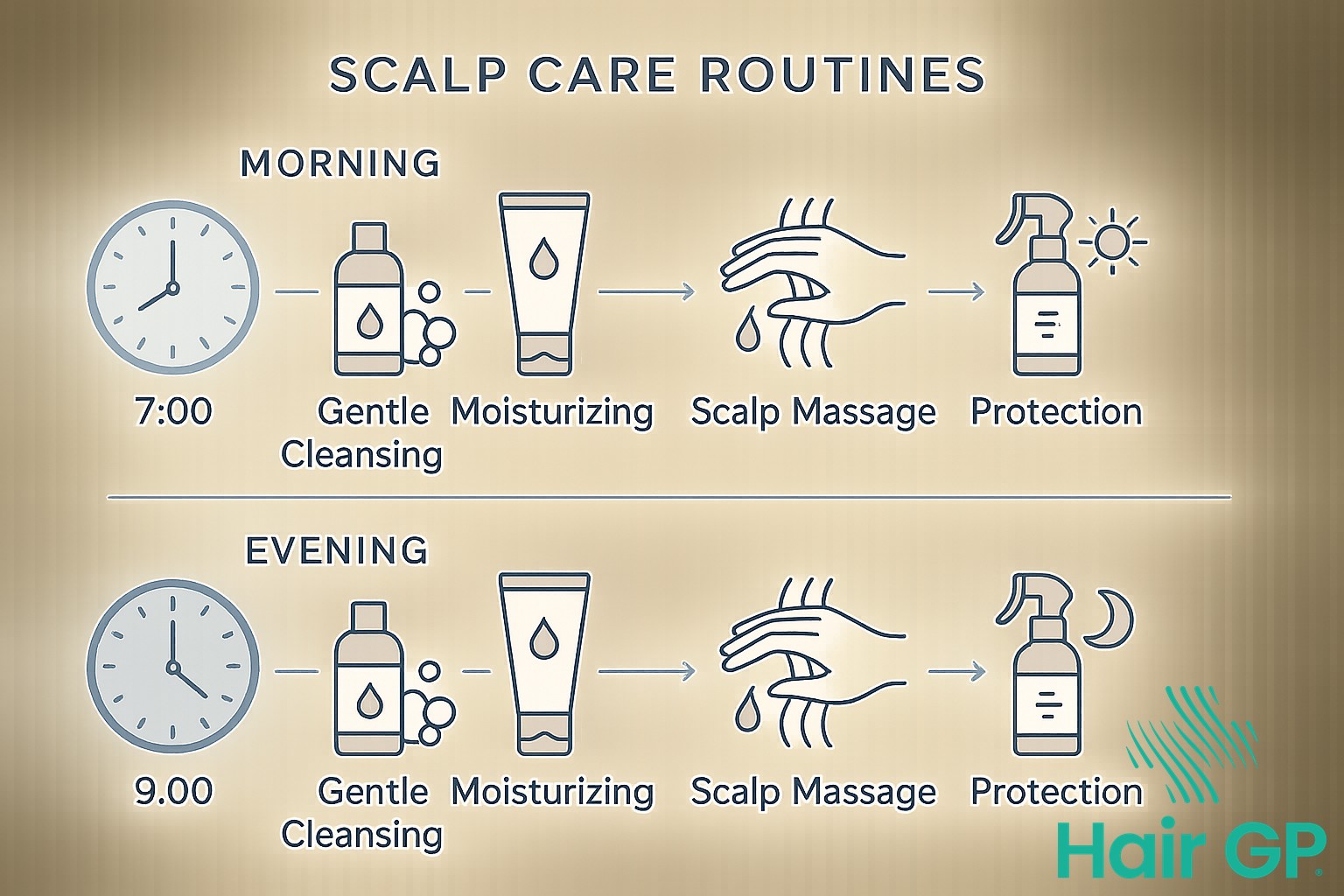 Infographic showing morning and evening scalp care routine for chemotherapy patients