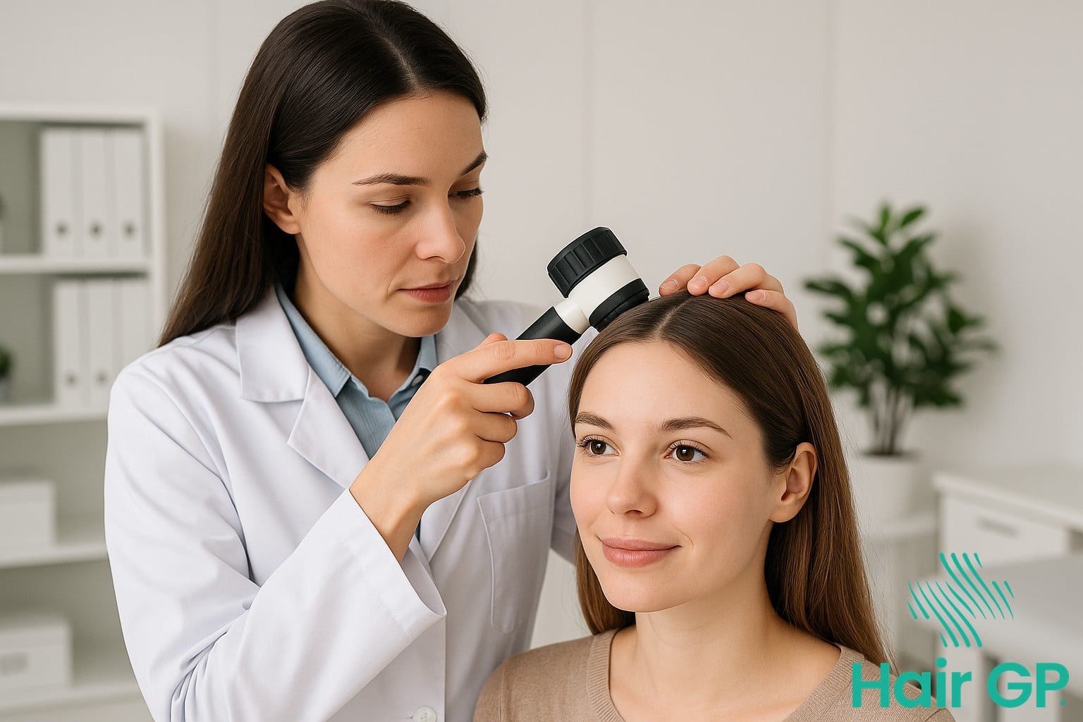 Dermatologist examining woman's scalp for menopausal hair loss