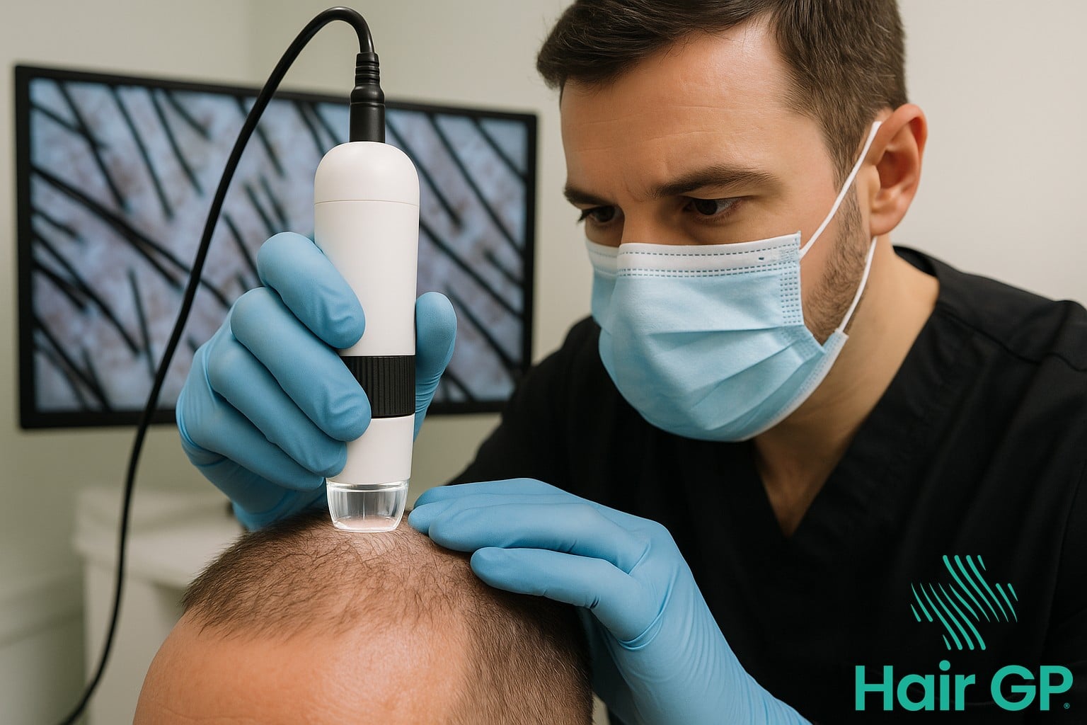 Hair transplant surgeon performing microscopic donor area assessment on patient