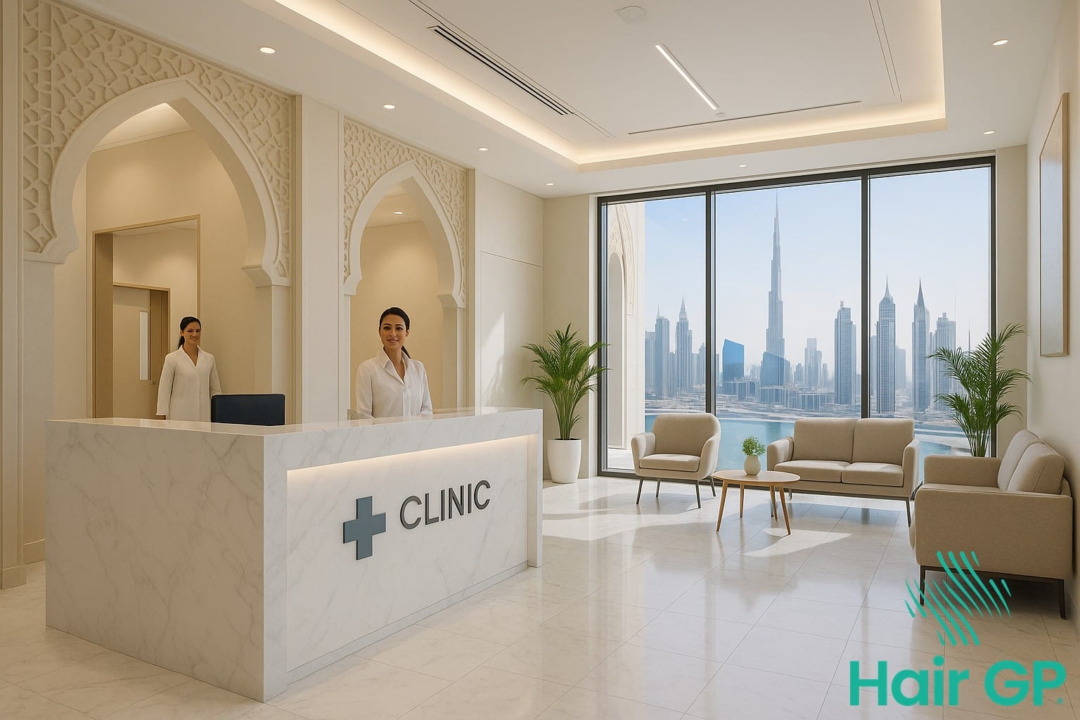 Luxury hair loss treatment clinic interior in Dubai with modern medical facilities