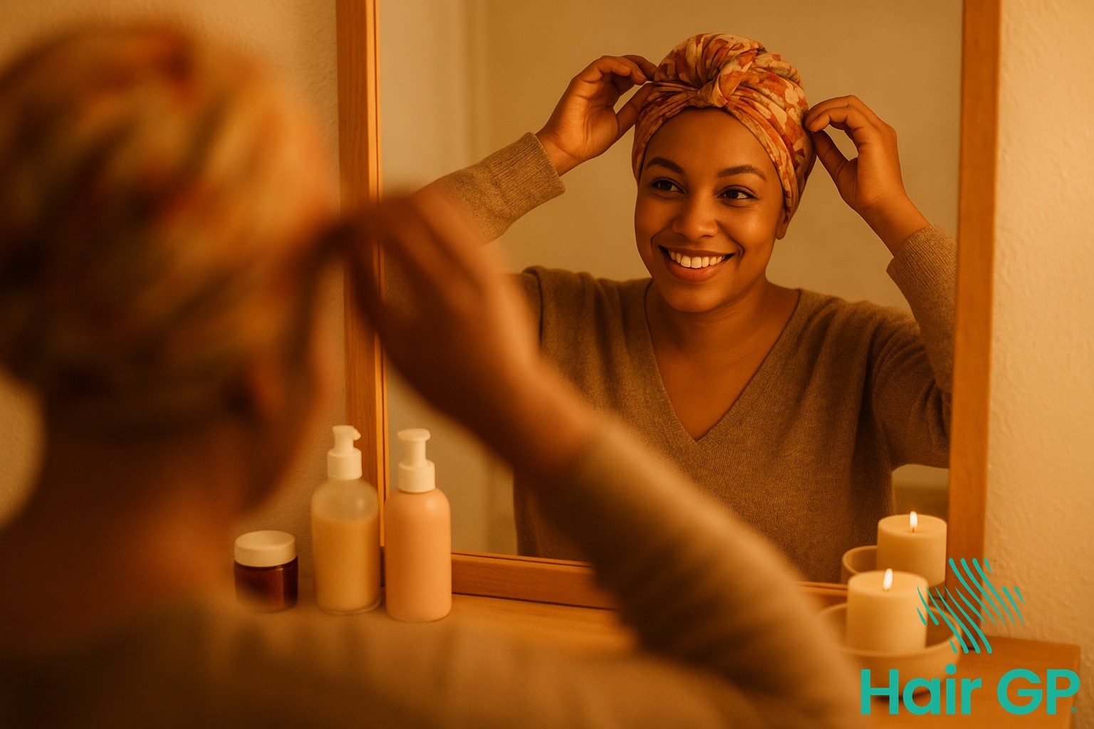 Person confidently caring for sensitive scalp with positive self-image