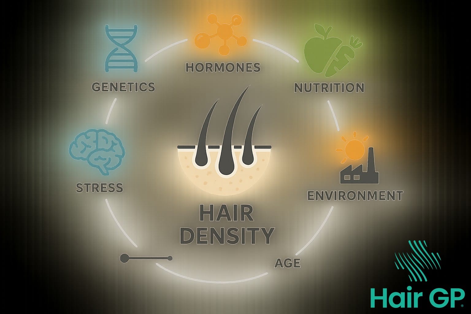 Infographic showing genetic, hormonal, and lifestyle factors affecting hair density