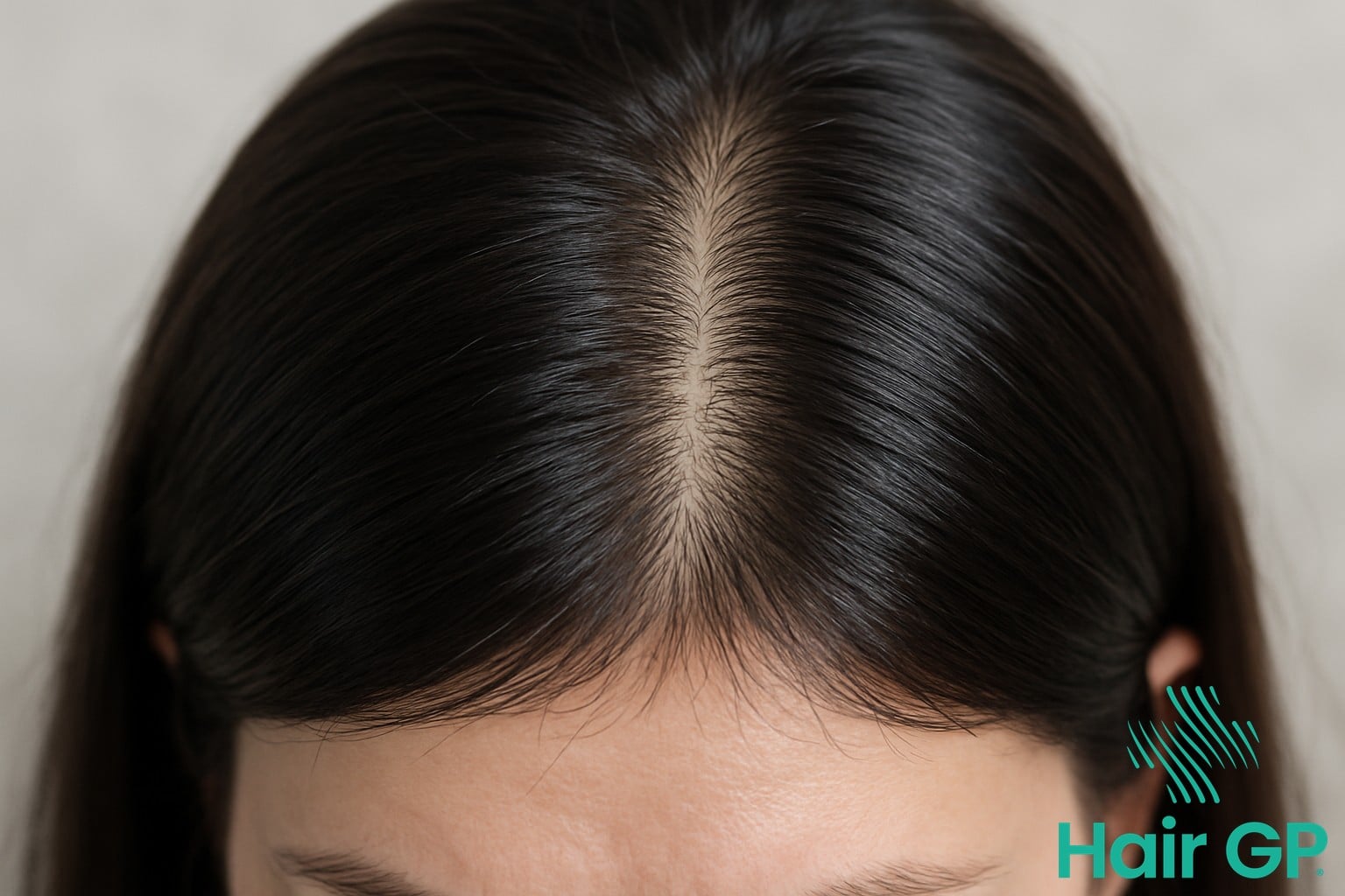 Woman showing hair regrowth from oestrogen-finasteride treatment