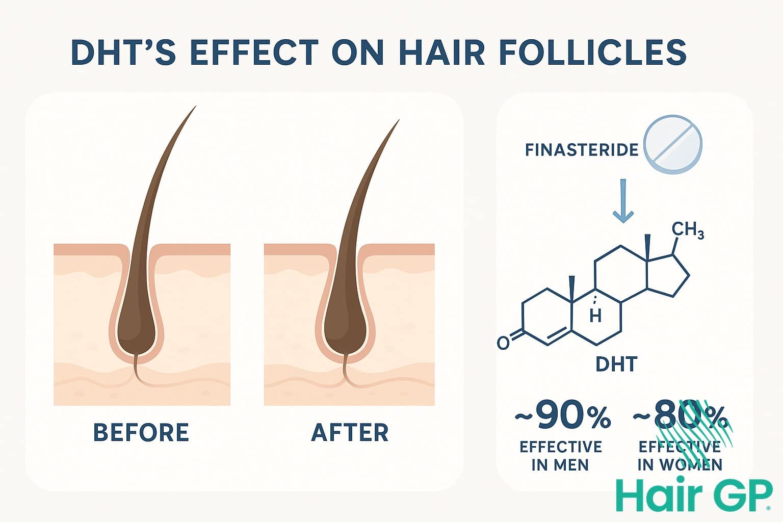 Infographic explaining how finasteride blocks DHT to prevent hair loss