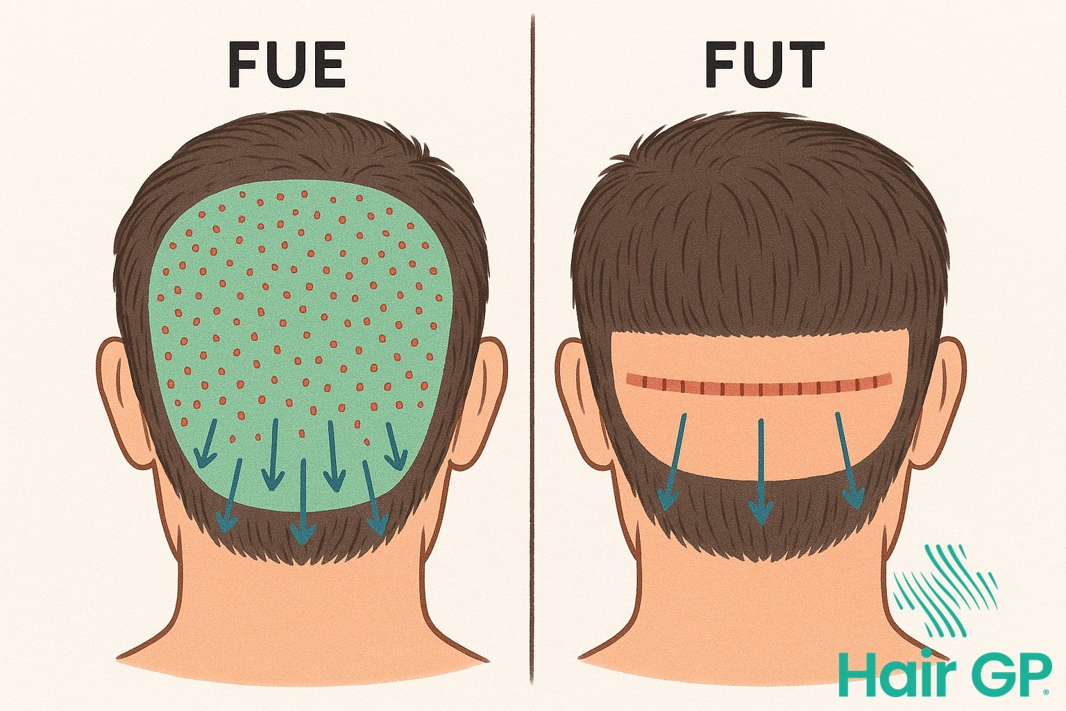 Illustration comparing FUE and FUT hair transplant extraction techniques on donor area
