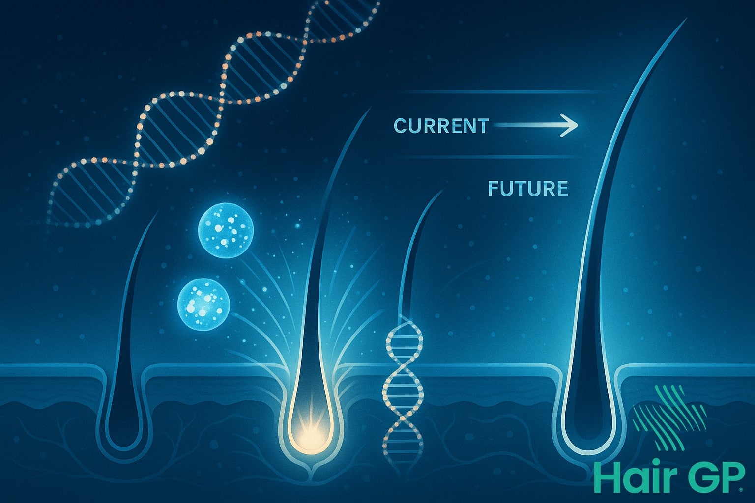 Futuristic illustration of advanced stem cell hair regeneration technologies