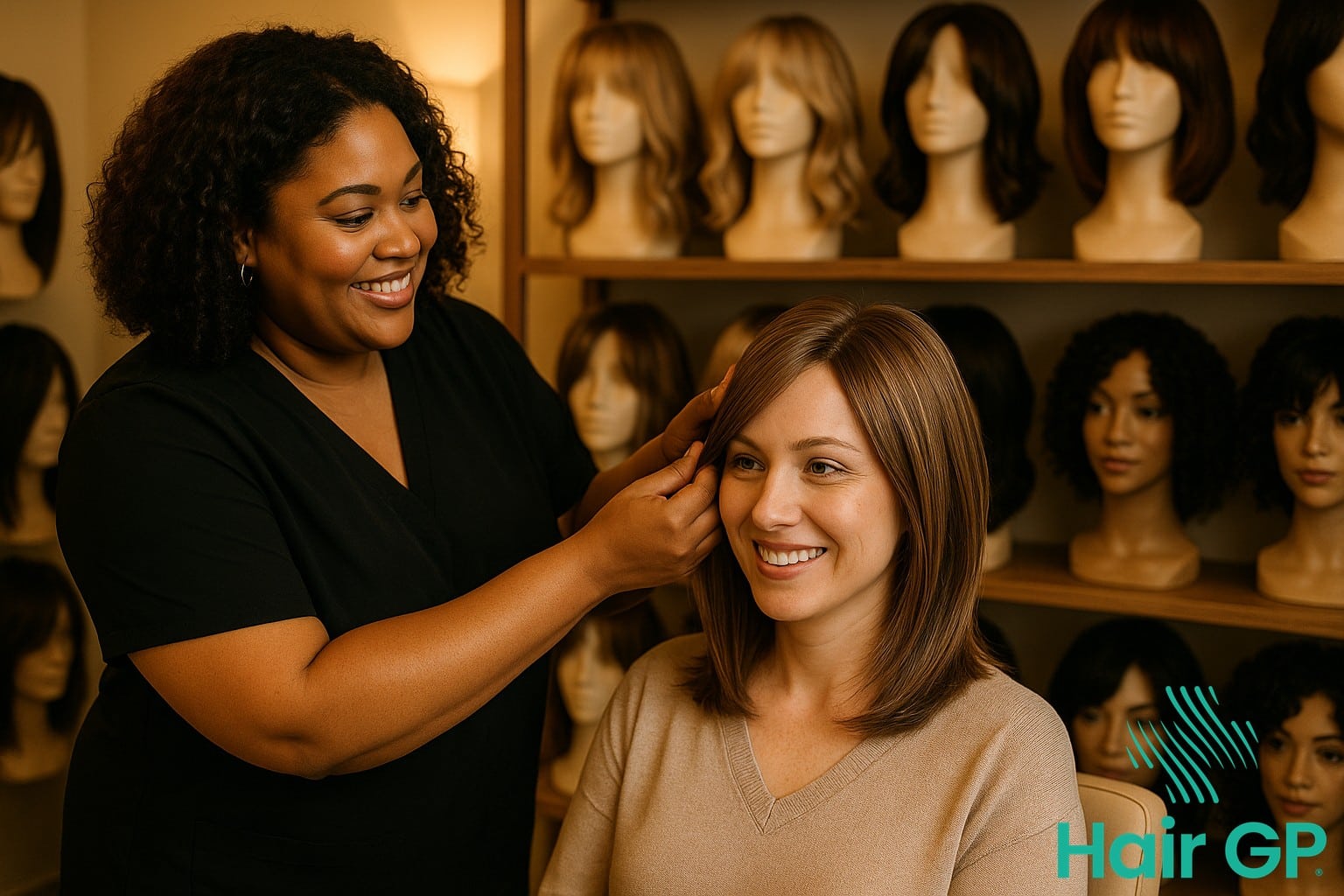 Professional wig consultation in an inclusive salon setting