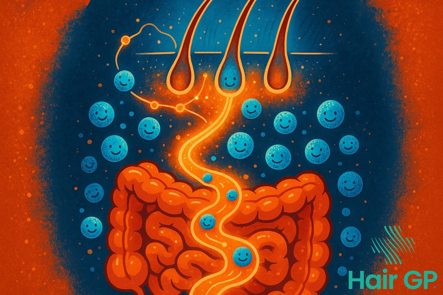 Illustration of gut microbiome connecting to hair follicles through biological pathways