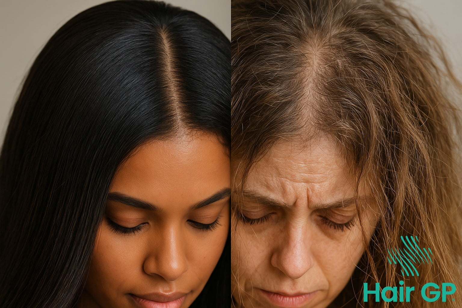 Comparison of healthy hair versus stressed hair from improper hair care routines