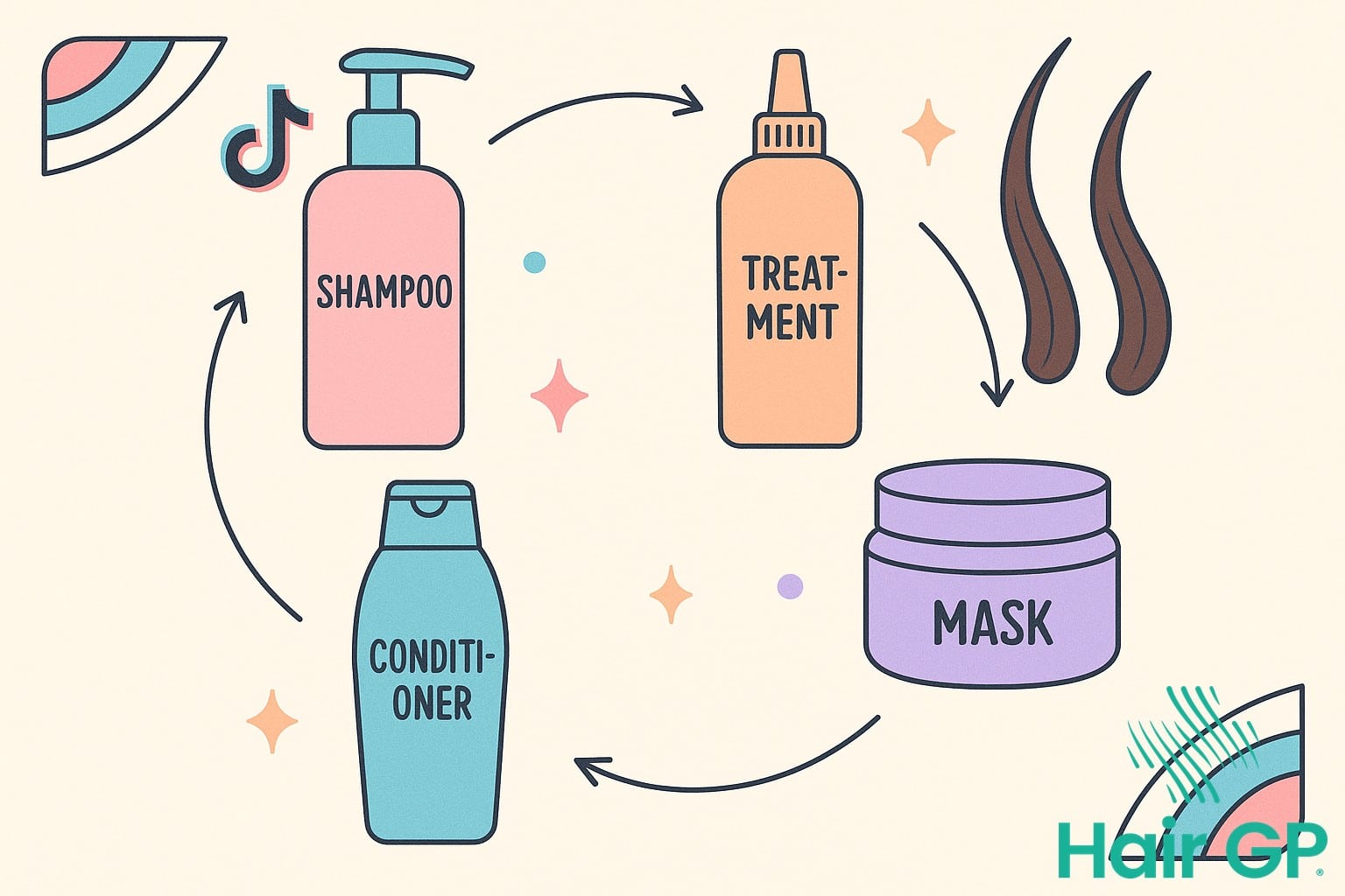 Illustration of hair cycling routine showing rotating hair care products on a schedule