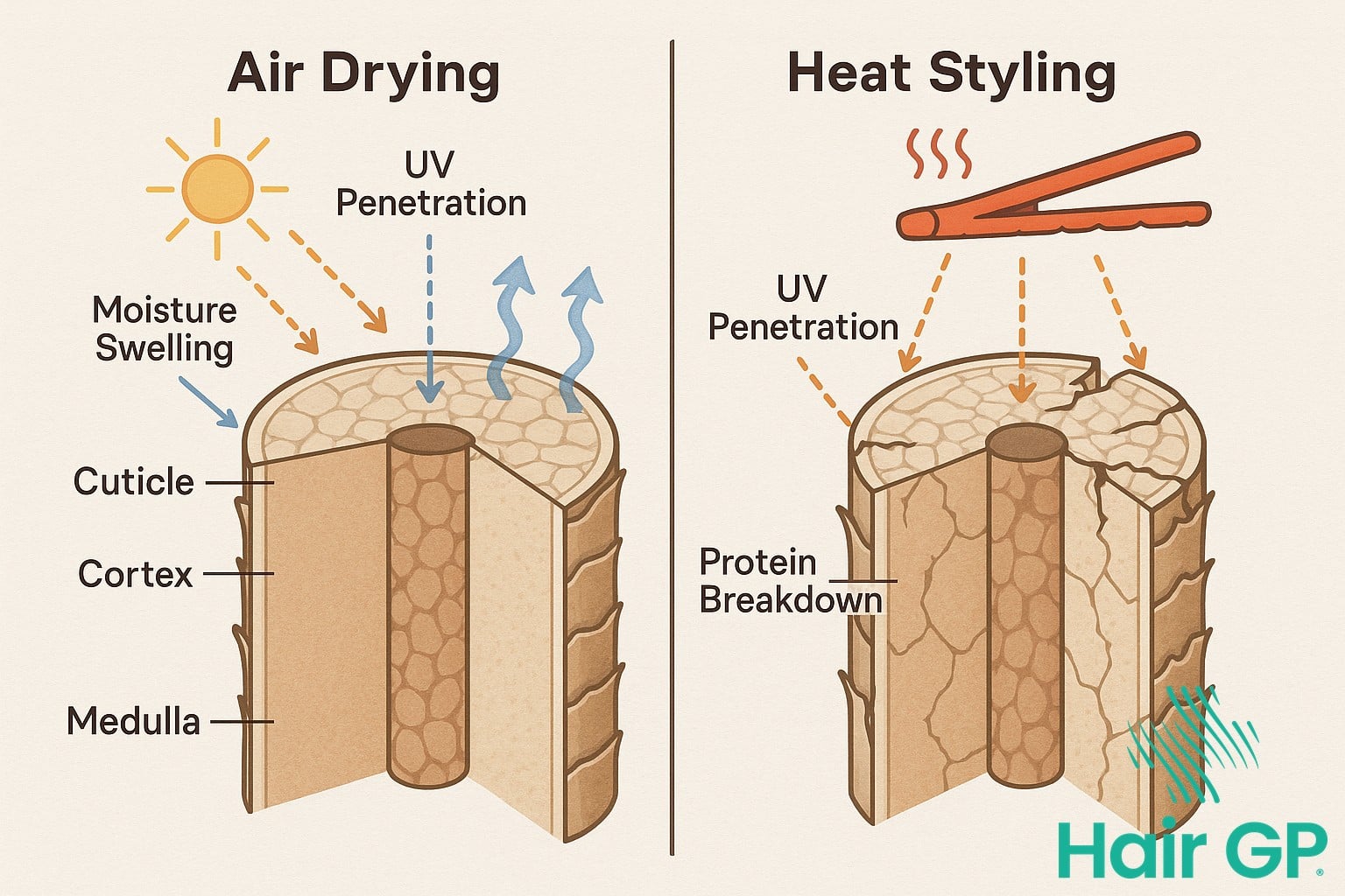 Diagram comparing hair damage from air drying versus heat styling methods
