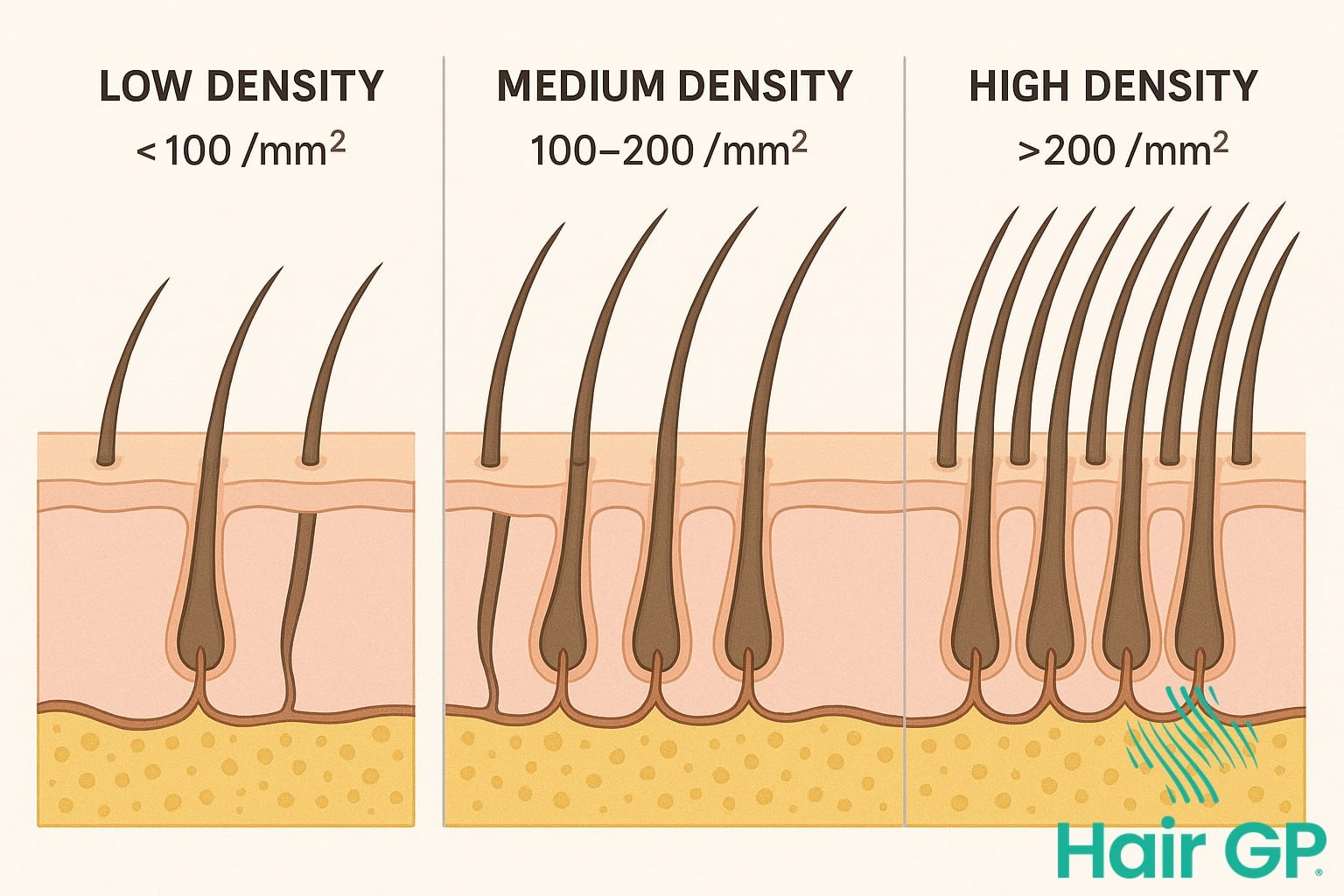 Diagram comparing low, medium, and high hair density on scalp cross-sections