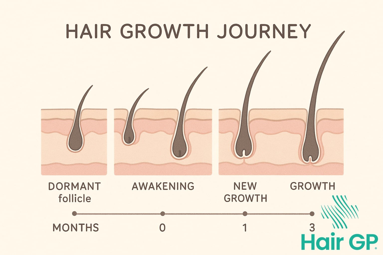 Illustration of hair follicles reactivating and increasing density over time