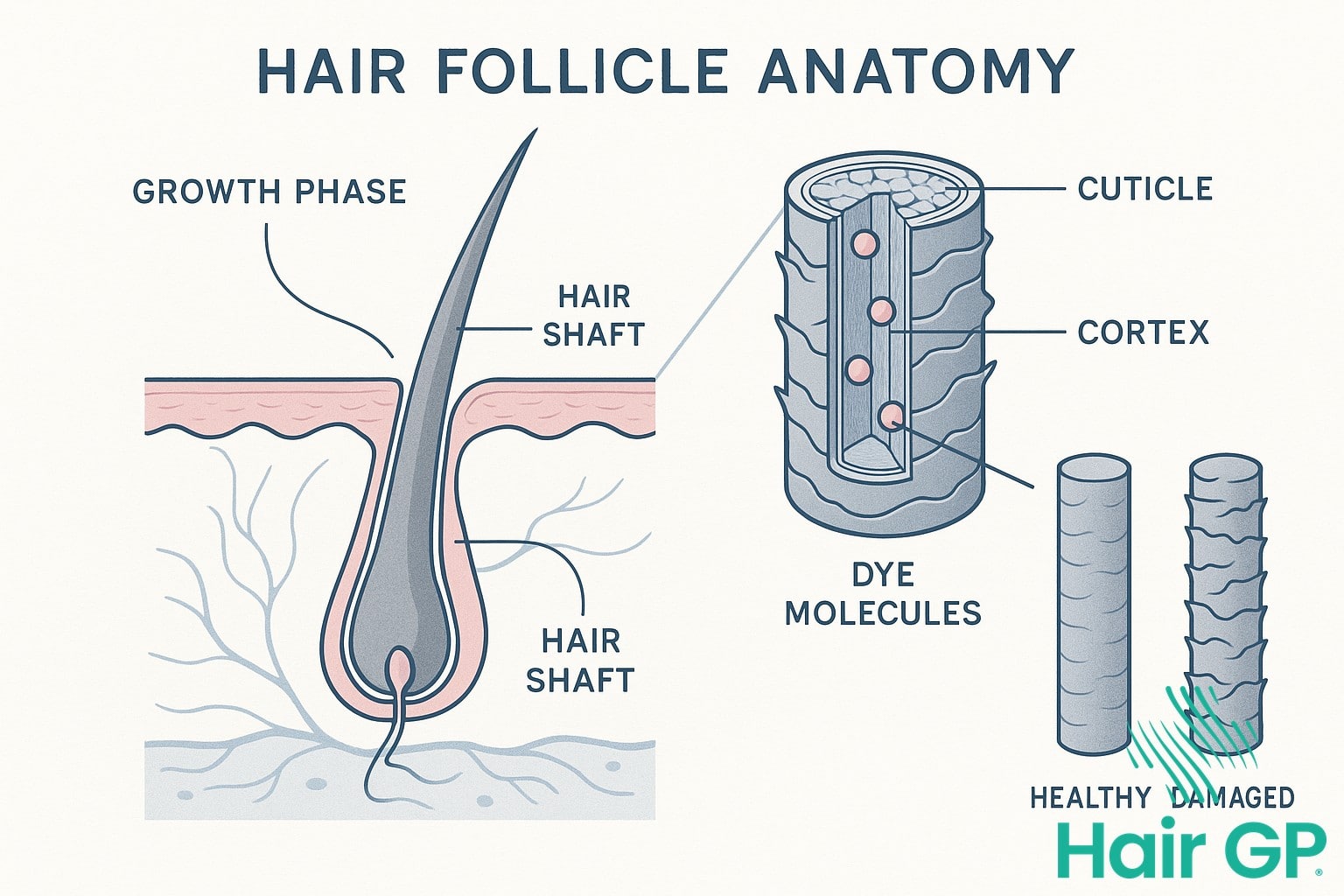 Diagram showing how hair dye affects the hair shaft versus hair follicle