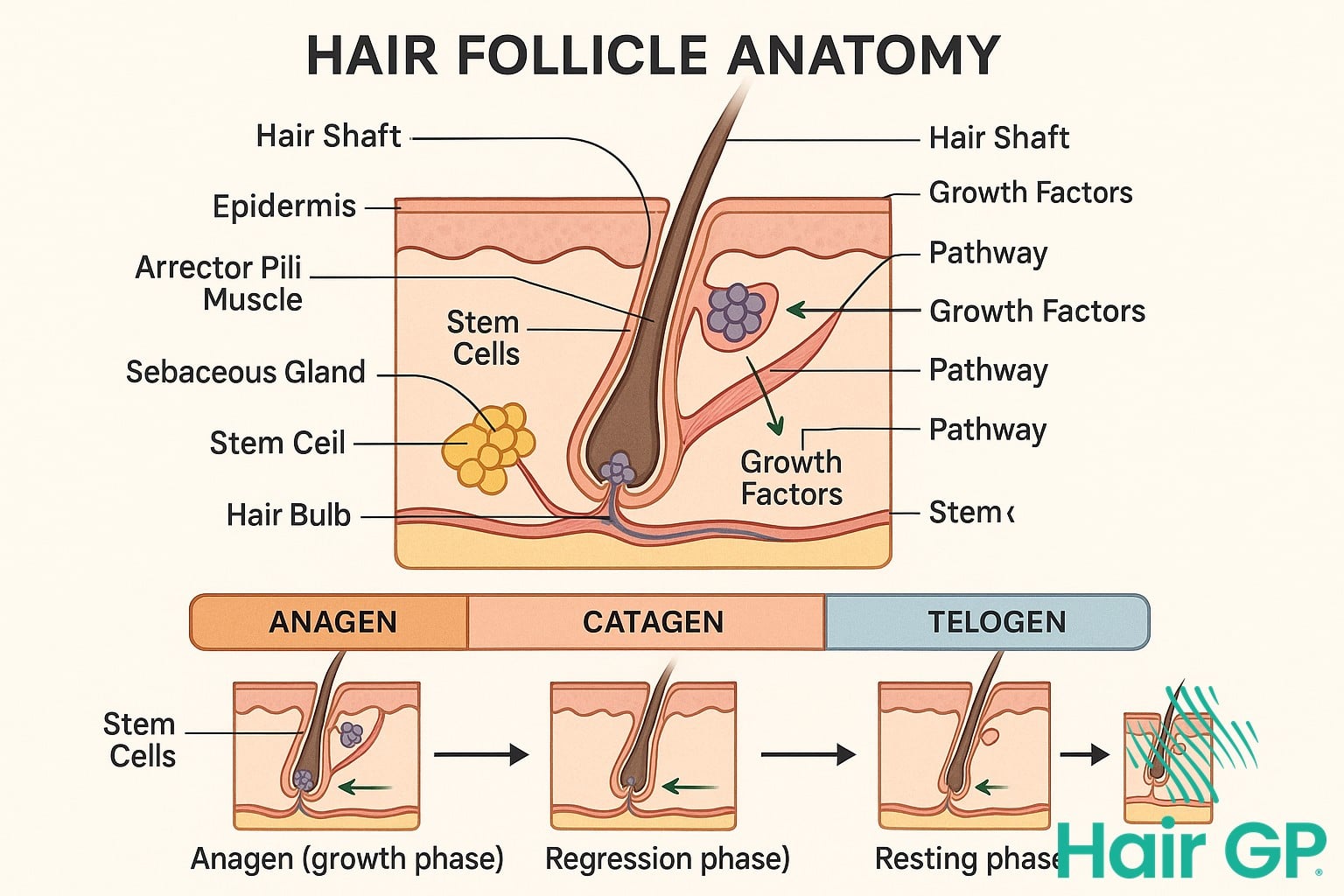 Scientific infographic of stem cells regenerating hair follicles