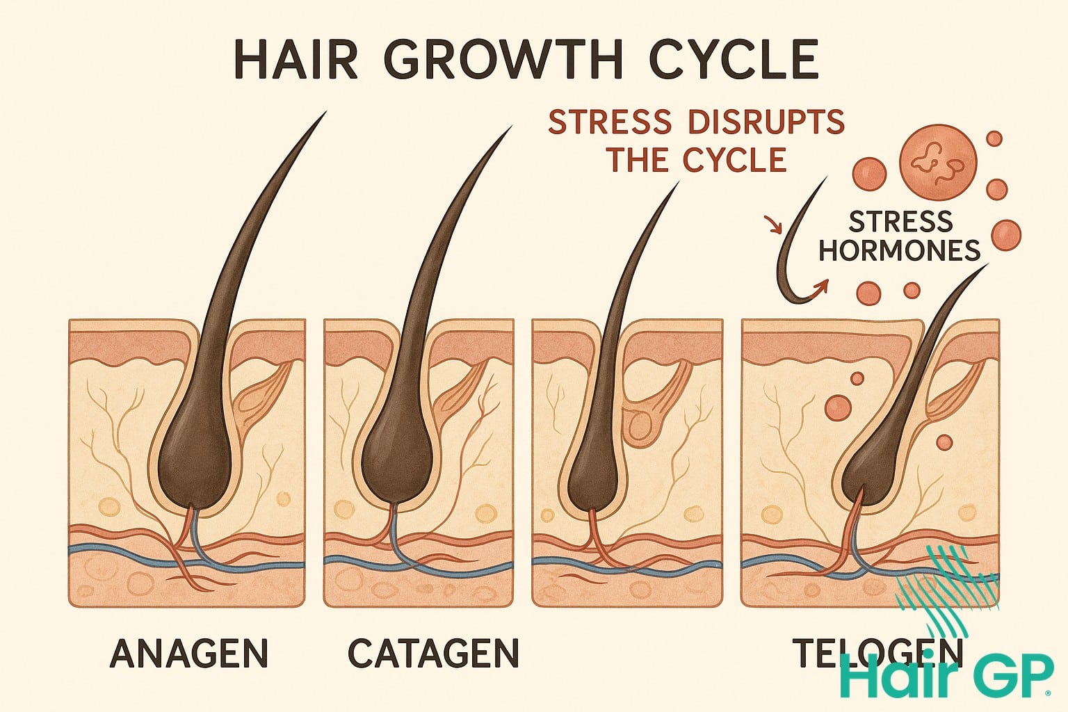 Illustration of hair growth cycle disrupted by stress hormones
