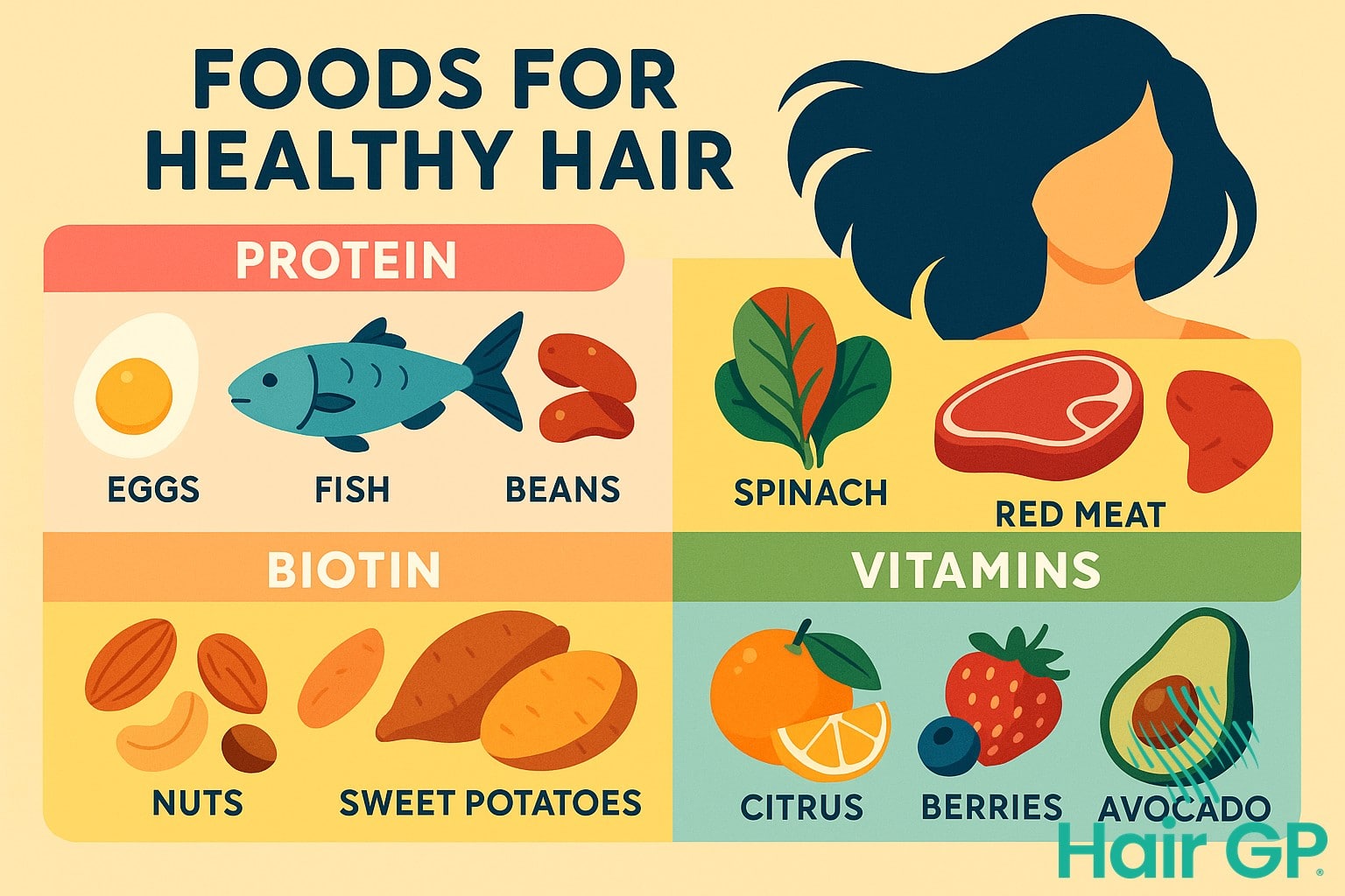 Infographic showing nutritious foods that promote healthy hair growth